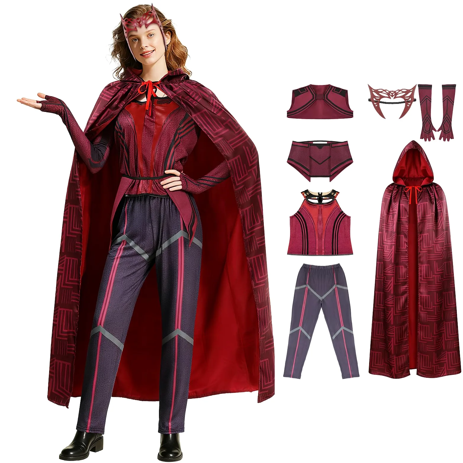 Disfraz de bruja de escarlata para mujer, disfraz de Wanda Maximoff con capucha, chaqueta, pantalones, traje, sombrero, Halloween, cosplay, disfraz de carnaval