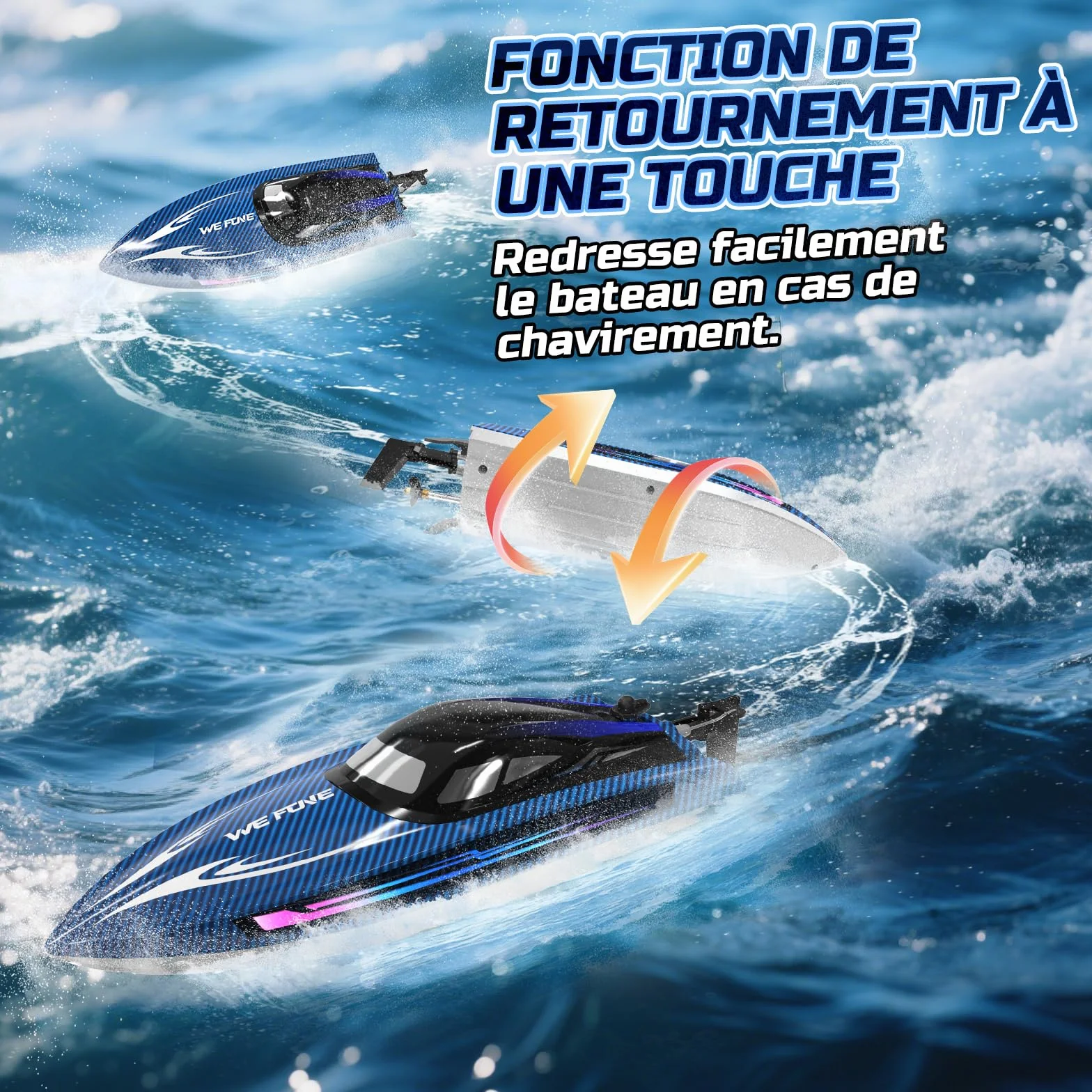 WeFone Barco teledirigido para adultos, 25+ KMH Fast RC Speed Boat con luz LED para niños, DEMO, WF17, ideal para piscinas y lagos de juguete, 2 baterías recargables durante 30-40 minutos (azul)