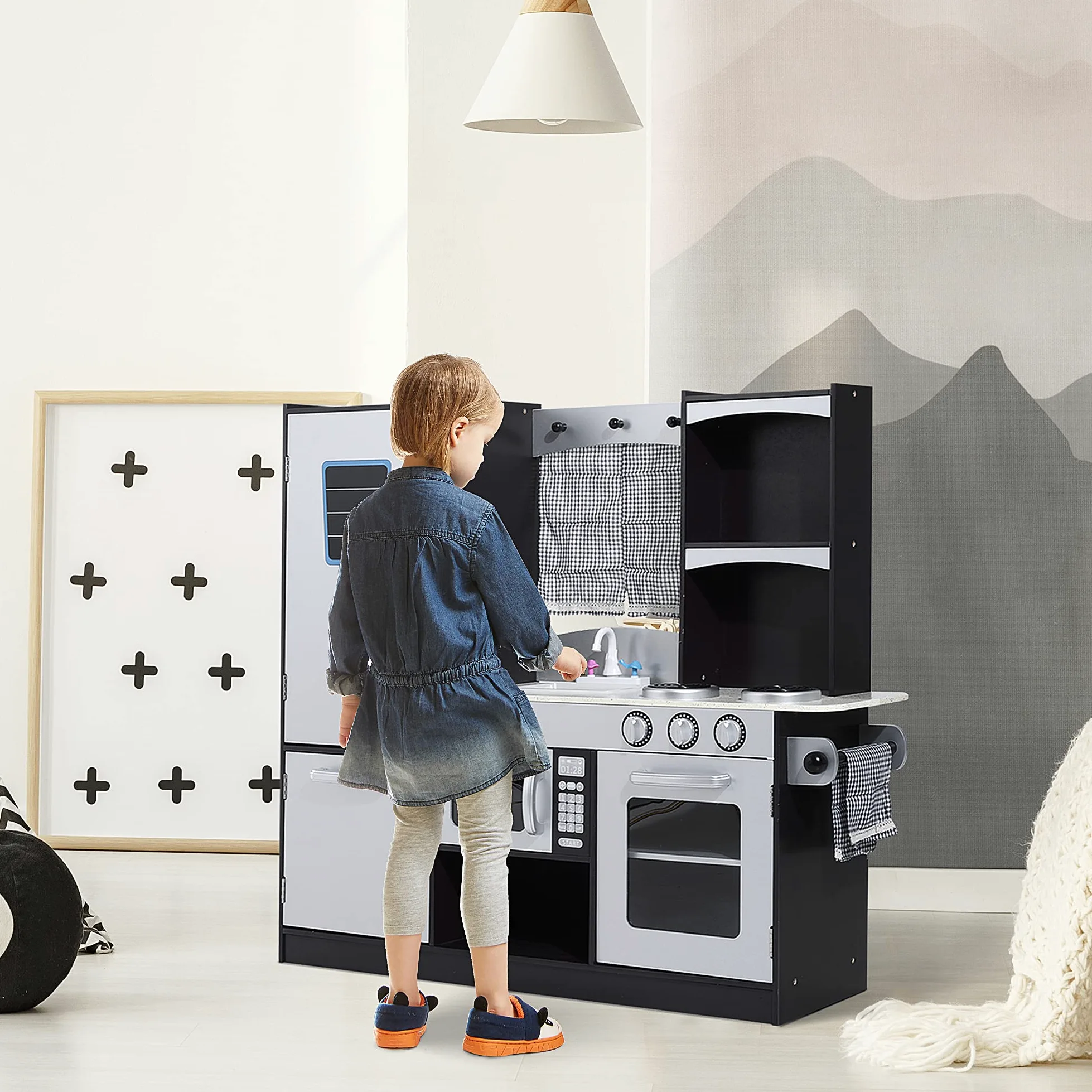 HOMCOM Conina de Juguete con Accesorios 105x31,5x95 cm Plata/Marrón Oscuro | Madera Grande, Niños +3 Años, Cocina Infantil Juguete, Encimera, Juego Imitación, Horno, Microondas, Fregadero
