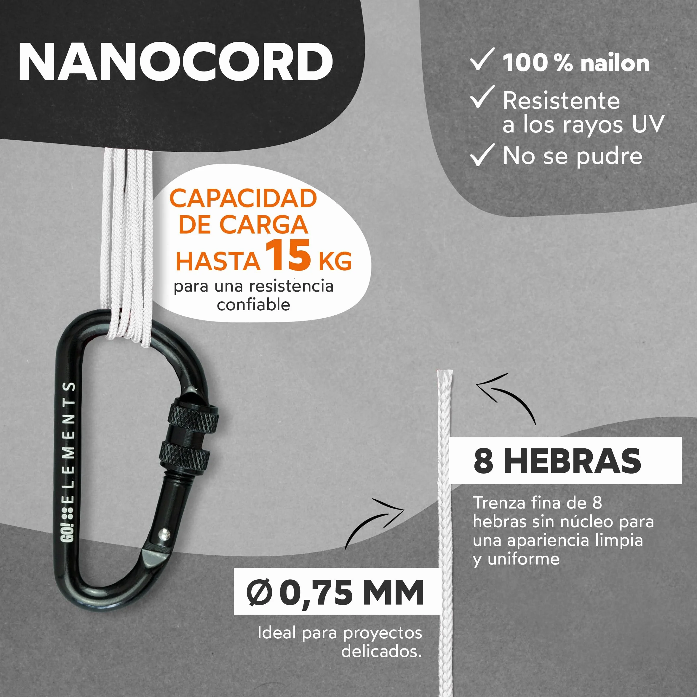 Cuerda de albañil GO!elements Nano Cord 0,75 mm 16 KG Nylon 100% Resistente a la rotura