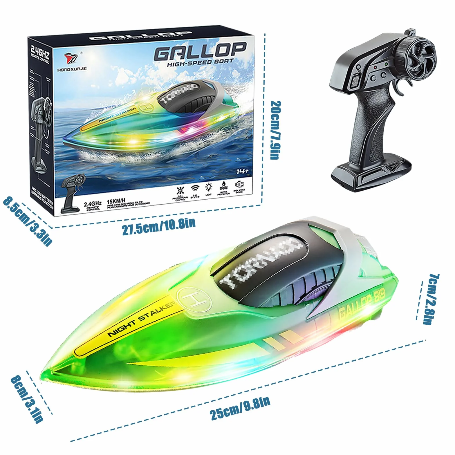 Barco Teledirigido, Barcos de Carreras de 2,4 GHz para Piscinas y Lagos, Barco RC con Luces LED y Alarma de Batería Baja, Barco de Control Remoto para Niños y Adultos (Verde)