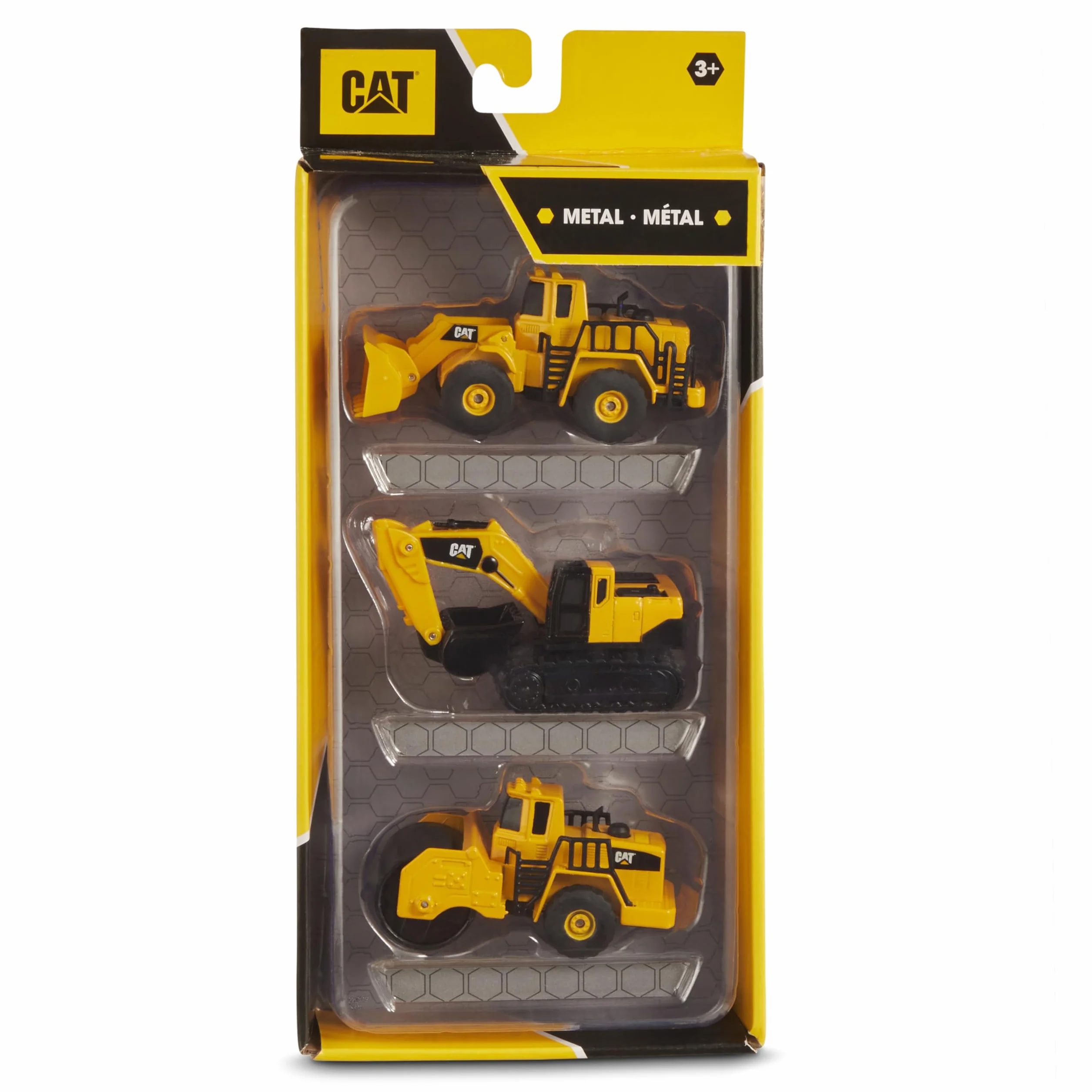 CAT Construction Toys, Die Cast Metal 3 Pack Vehicles - Wheel Loader, Excavator & Steam Roller Toy Set with Moving Parts, Push-Powered, Heavy-Duty Metal, Kids Ages 3 +