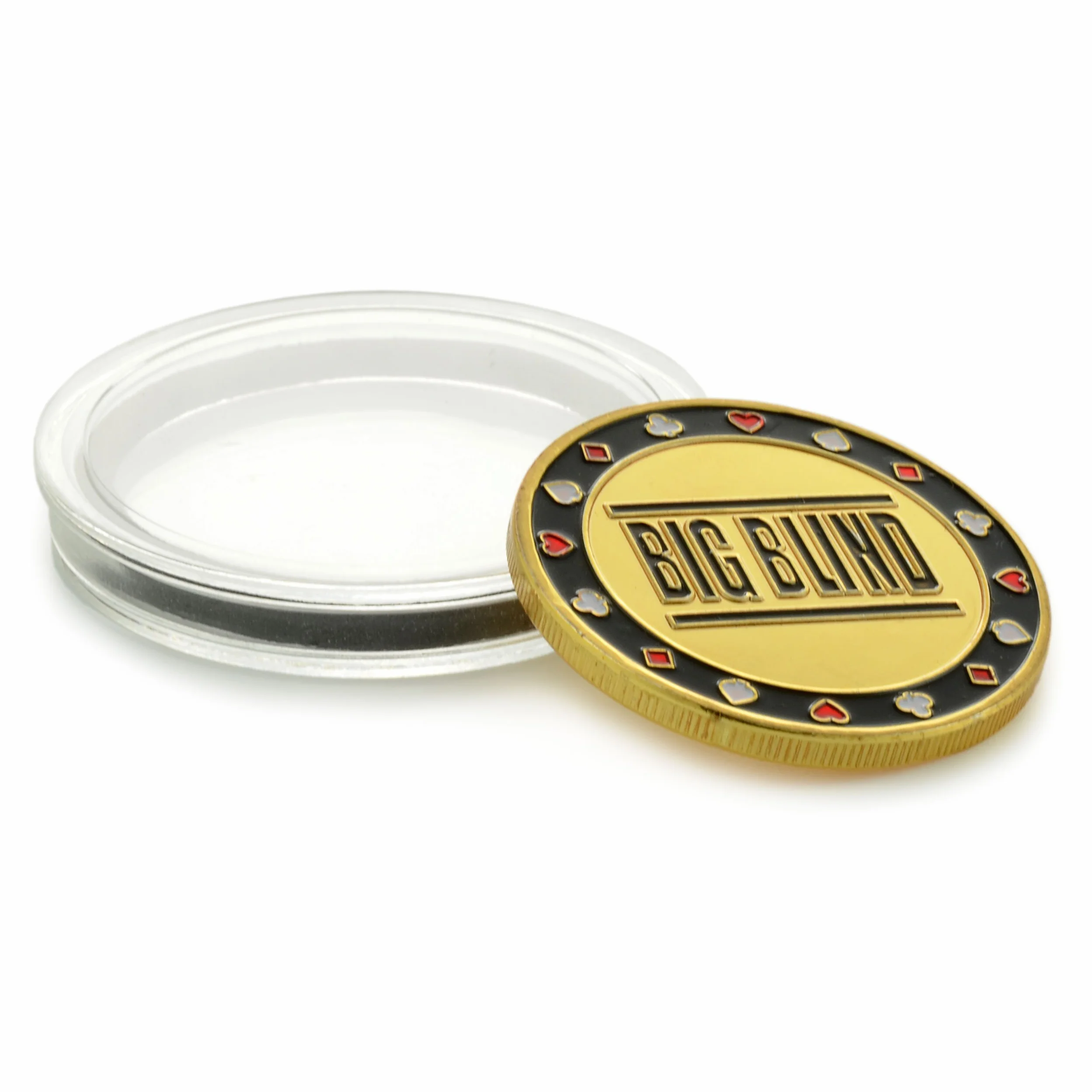 Ganzoo Juego de 3 Monedas para Poker en Estuche, Dealer Button Small Blind Big Blind, Metal Macizo con Relieve 3D en ambas Caras y Detalles, Bordes estriados para Agarre Firme, 40 mm, Espesor 3,1 mm