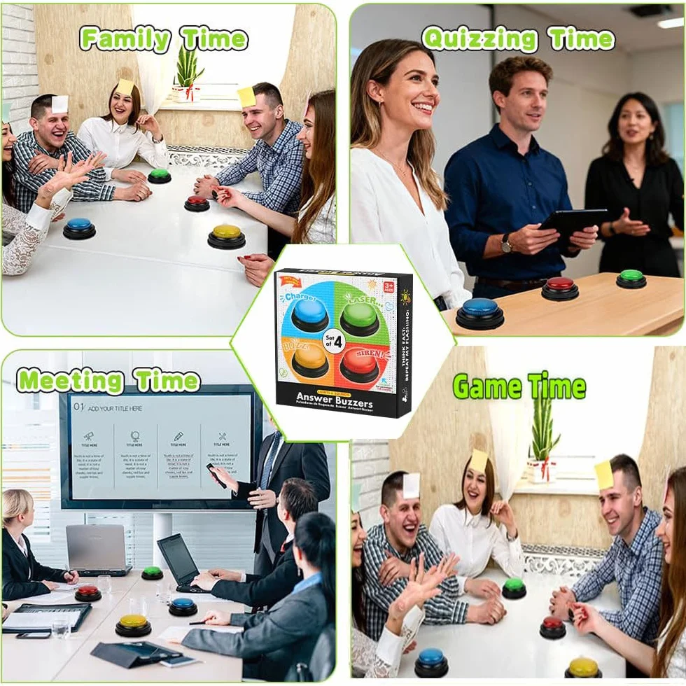 Botones de Respuesta, Accesorio para Quizz Timbre Luminoso y sonoro, Color Surtido, 4 Unidades, Juegos Educativos Regalos