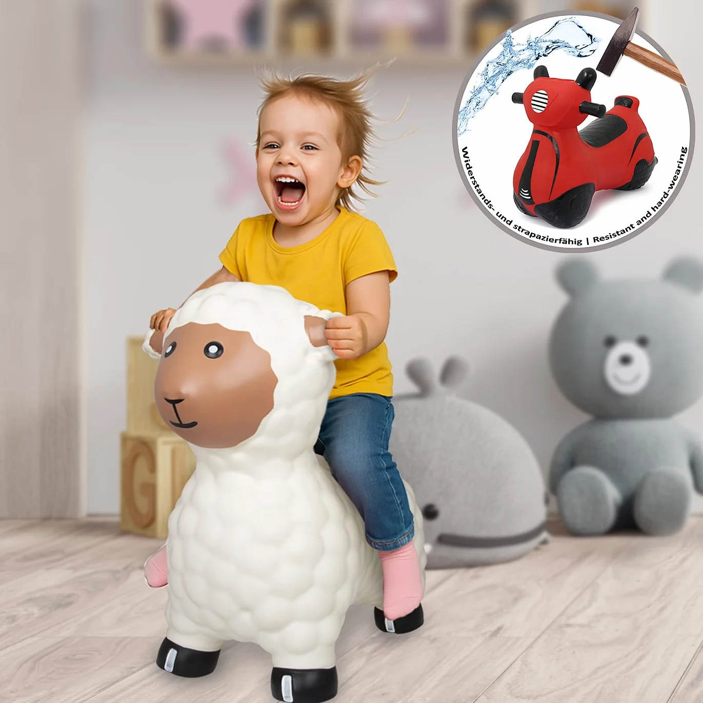 Jamara 460590 - Animal Saltarín Oveja Blanca con Bomba – Peso hasta a 50 kg, Orejas como Soporte, Resistente, Promueve el Sentido del Equilibrio, Simple de Limpiar