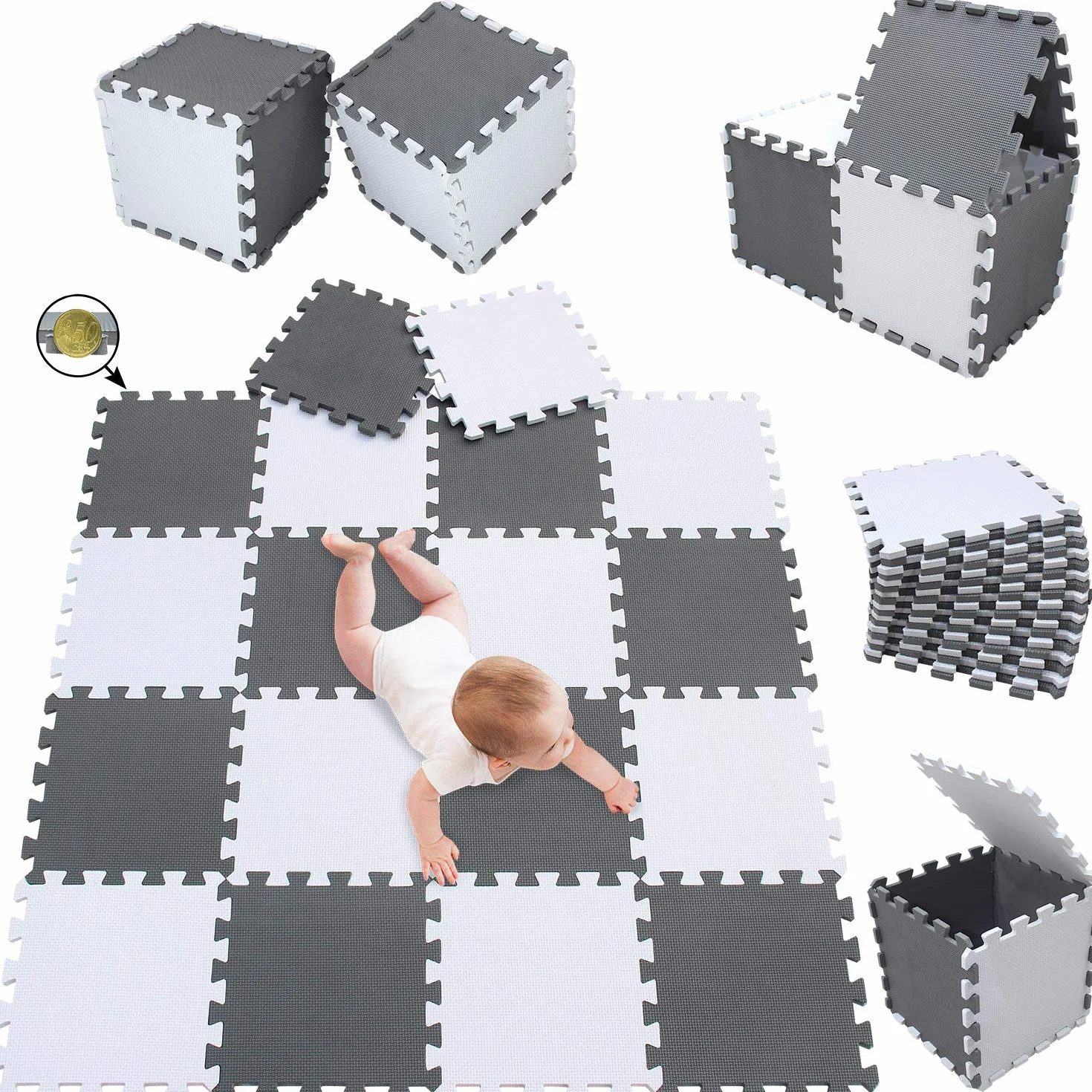 meiqicool Alfombrillas para Puzzles | Alfombra Puzzle para Niños Bebe Infantil Suelo de Goma EVA Suave 142 x 114 cm 18 Piezas Blanco Gris 0112