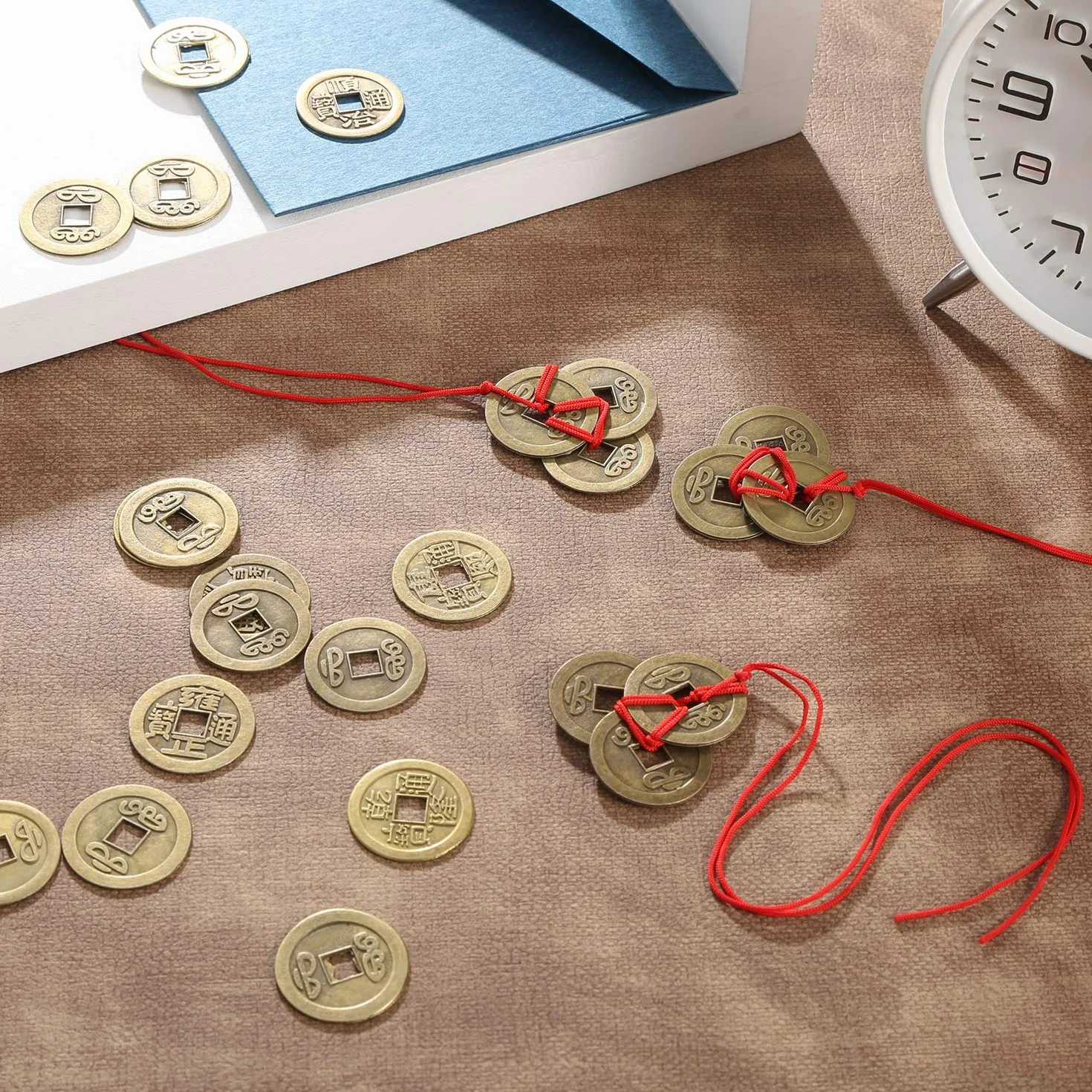 50 Piezas 1 Pulgada de Moneda Feng Shui China Moneda I Ching y 5 Juegos de Moneda de Riqueza con Cuerda Roja para Riqueza y Buena Suerte