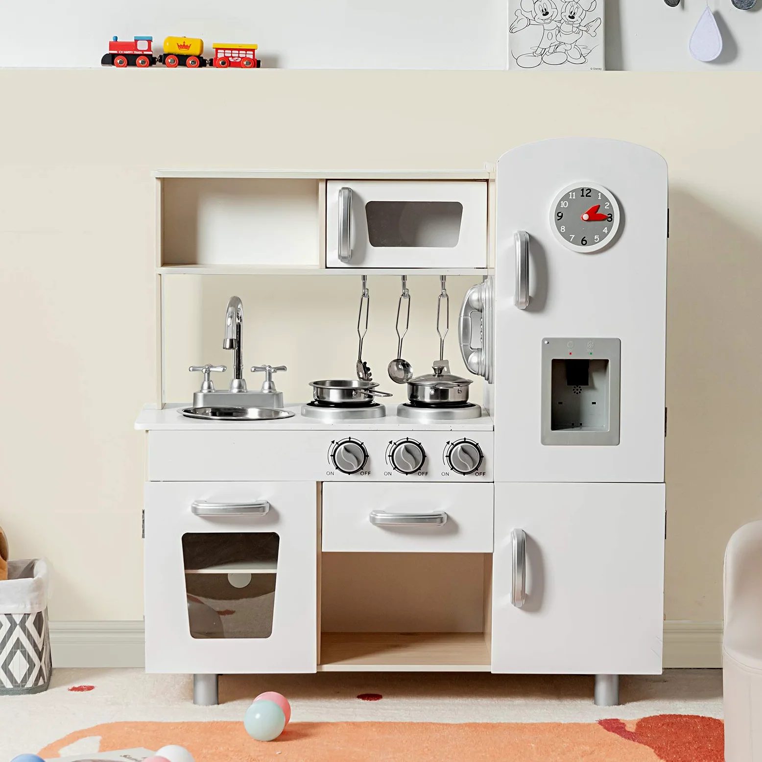 COSTWAY Cocina Juguete de Madera con Teléfono, Cocinita de Madera Infantil con Nevera, Microondas, Fregadero Desmontable, Dispensador de Agua con Luz y Sonido, Cocina Infantil para Niños (Natural)