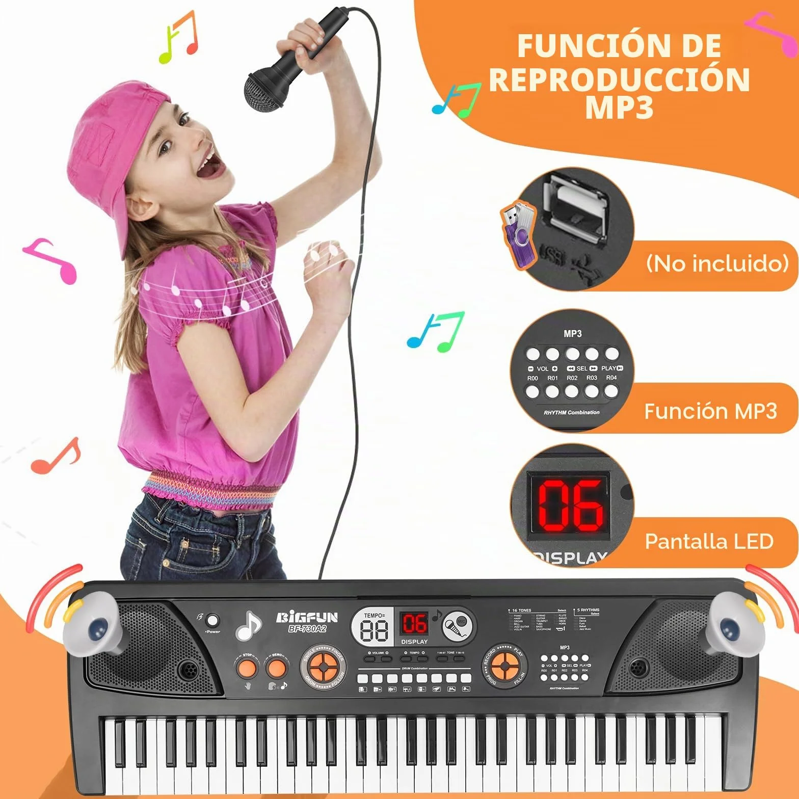 Piano Teclado para Niños 61 Teclas Piano Electrónico Portátil con Pantalla LCD y Micrófono Music Juguete para 3 4 5 6 7 8 Niños Niñas Regalo