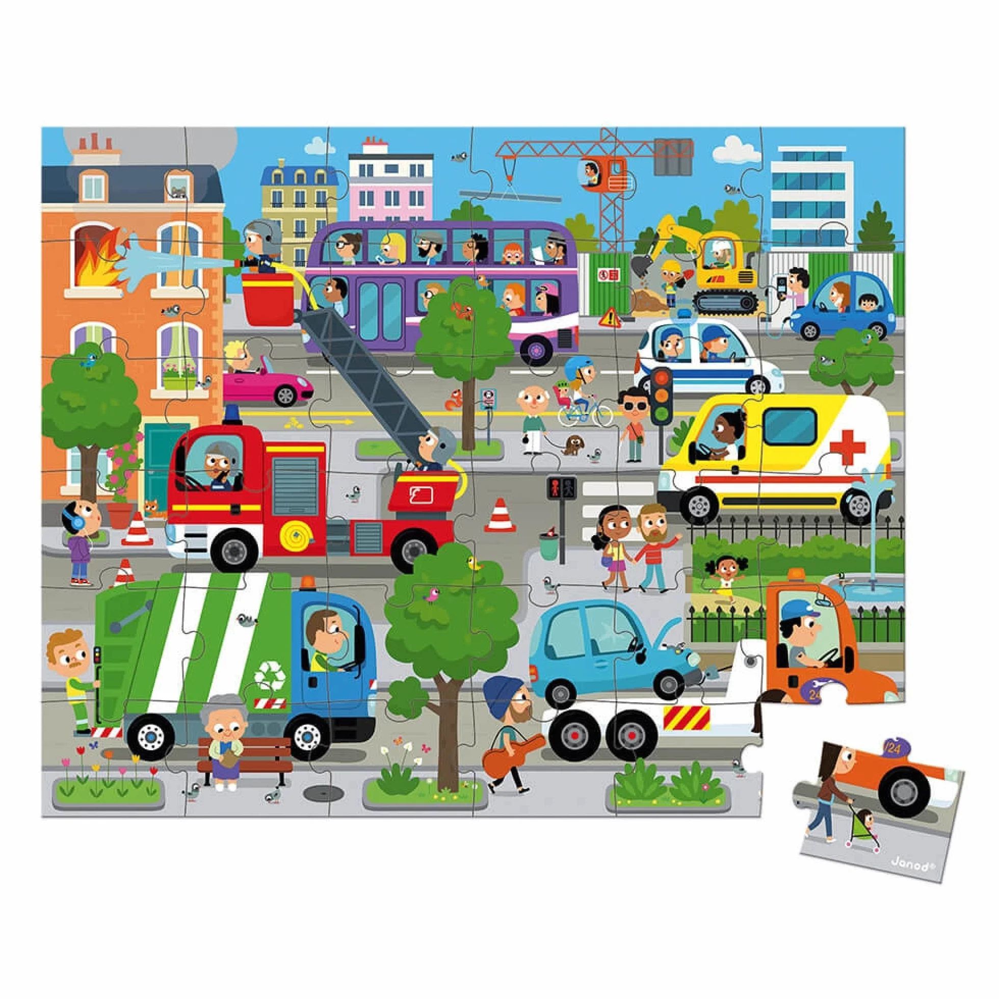 Janod - Puzle Niños 36 Piezas, La Ciudad - Juguete Educativo Habilidades Motrices y Concentración - Maletín con Asa - Certificado FSC - Desde 4 Años, J02644