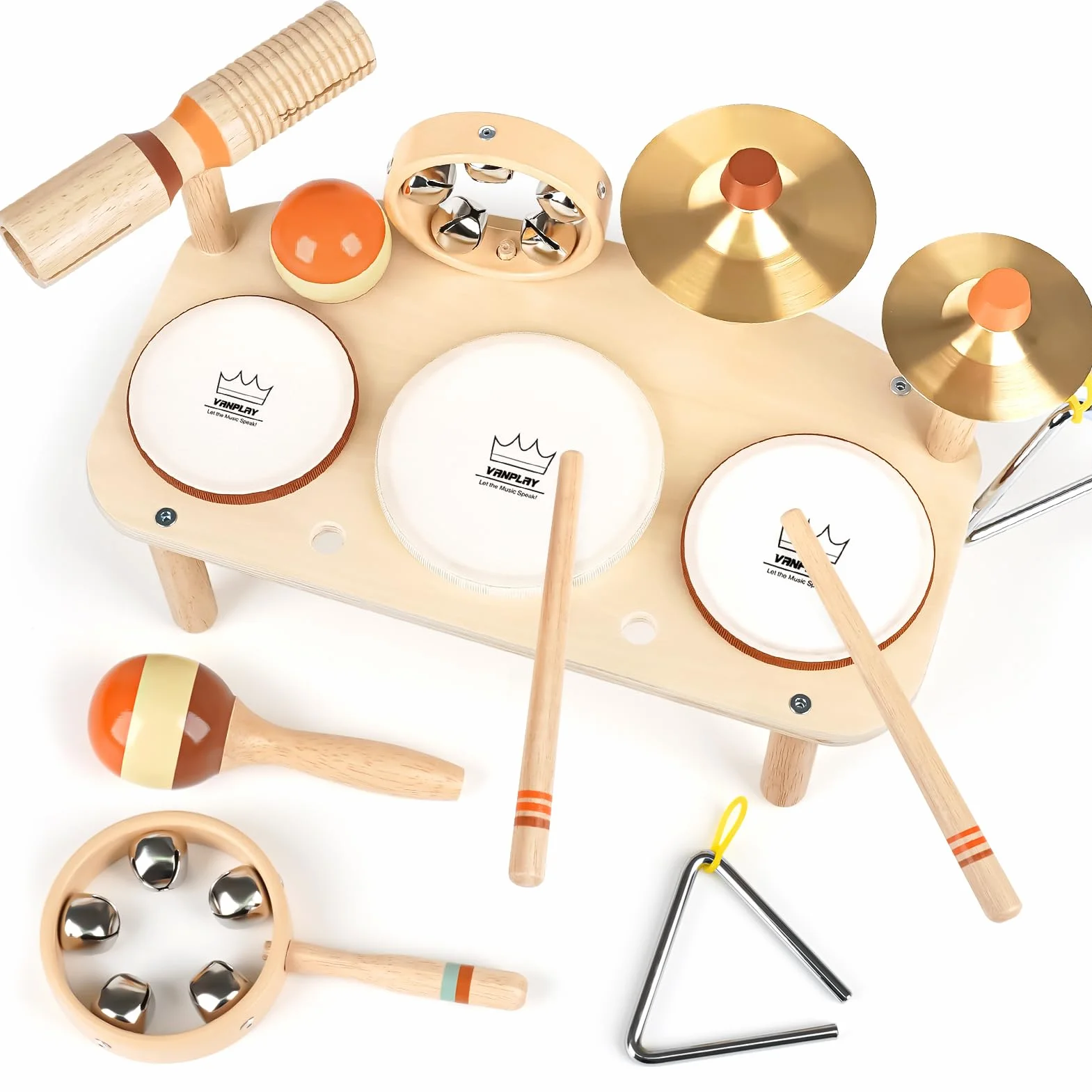 Vanplay Juguetes musicales para bebés de 1 año en adelante con 3 tambores y sonajero de cascabeles, tambor infantil juguete musical, juguete Montessori para niños y niñas a partir de 1 año