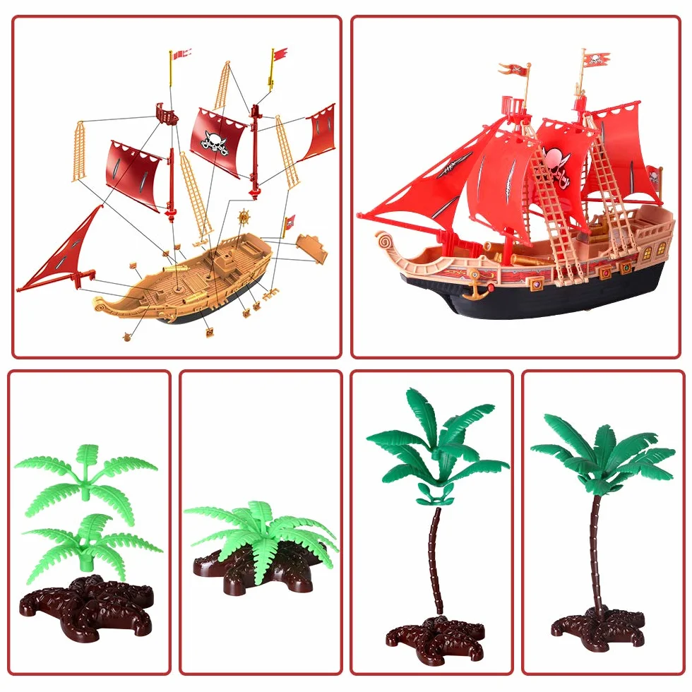 Juguetes de aventura barcos piratas infantiles con muñecas de Acción de plástico máquinas de juego barcos piratas con tiburones,barcos,cañones,árboles y otros accesorios regalos educativos 3-8 años