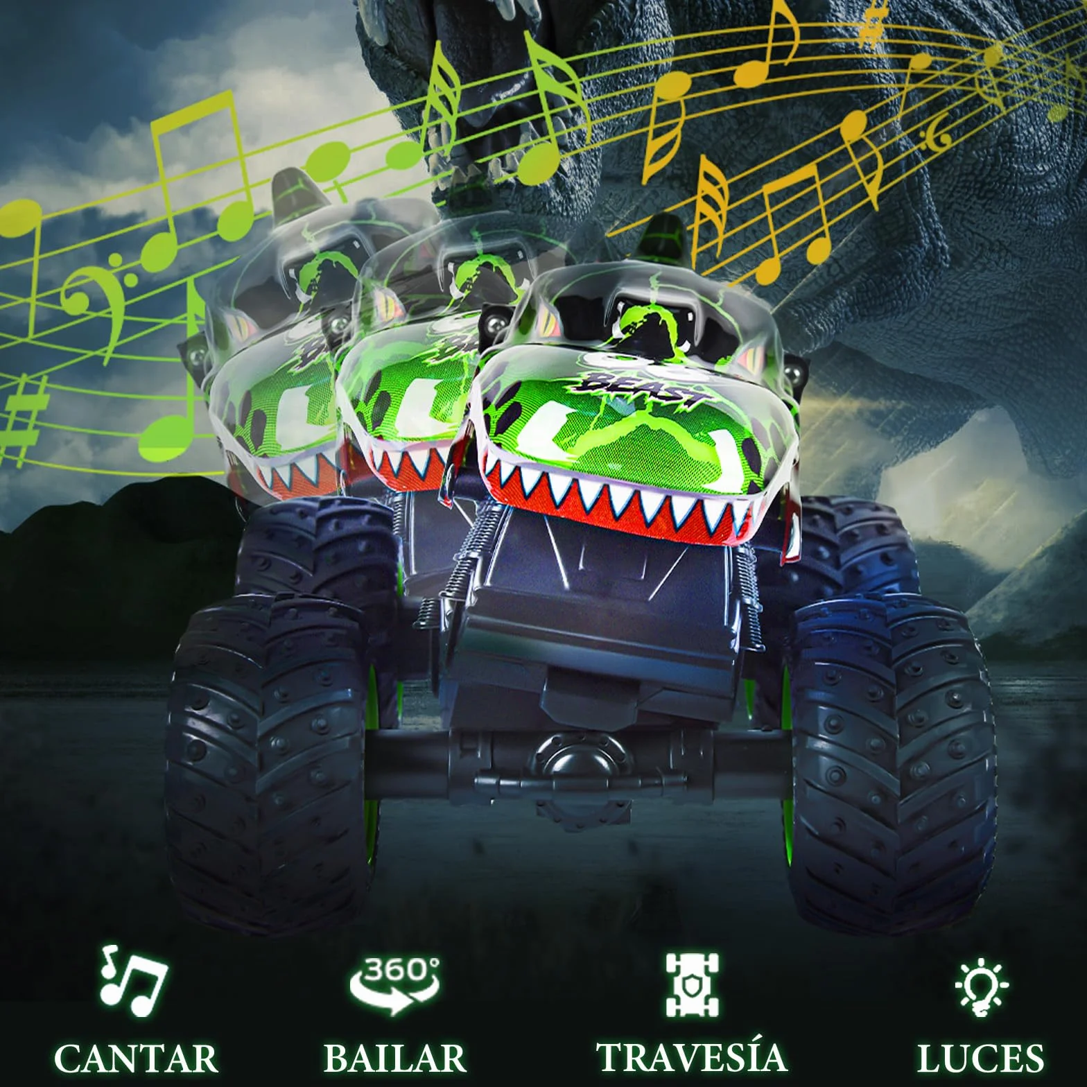 IEEILULU Coche teledirigido dinosaurio, todo terreno RC Cars con rotación de 360°, luz LED, RC Monster truck recargable, juguete de dinosaurio, regalo para niños a partir de 3, 4, 5, 6, 8, 10 años