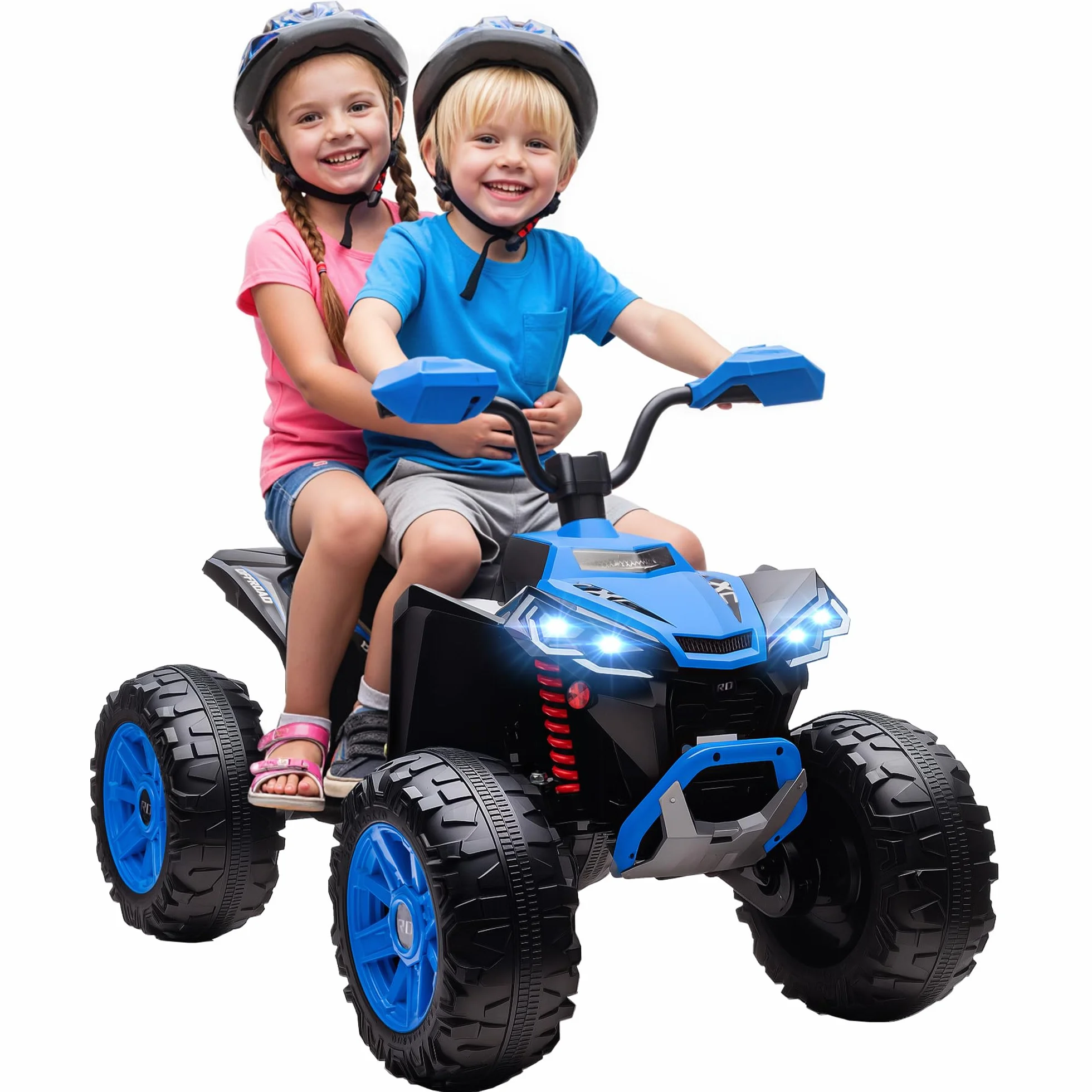 AIYAPLAY Quad Eléctrico para Niños 24V 2 Plazas 2 Motores 6,5 km/h Ruedas Suspensión Faros Bocina Música USB Azul