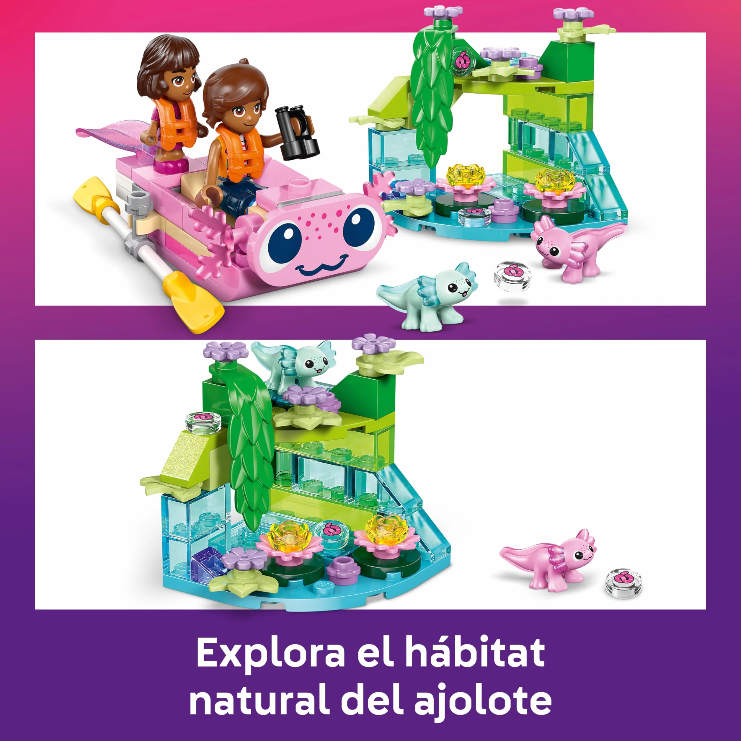 LEGO Friends Aventuras en el Barco-Ajolote de Juguete - 2 Mini Muñecos, 2 Figuras de Animales Adorables, Plantas, Flores y Accesorios - Regalo de Cumpleaños para Niñas de 5+ Años - 42681