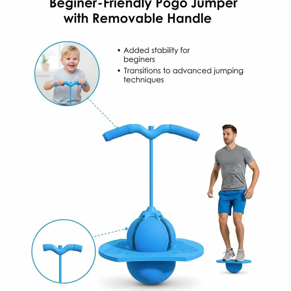 Pogo Jumper Ball for Kids & Adults, Balance Jumping Ball with Handle and Pump, Bounce Jump Trick Board, Strong Grip Deck Sticks for Boys & Girls, Exercise Balance Coordination Ability (Blue)