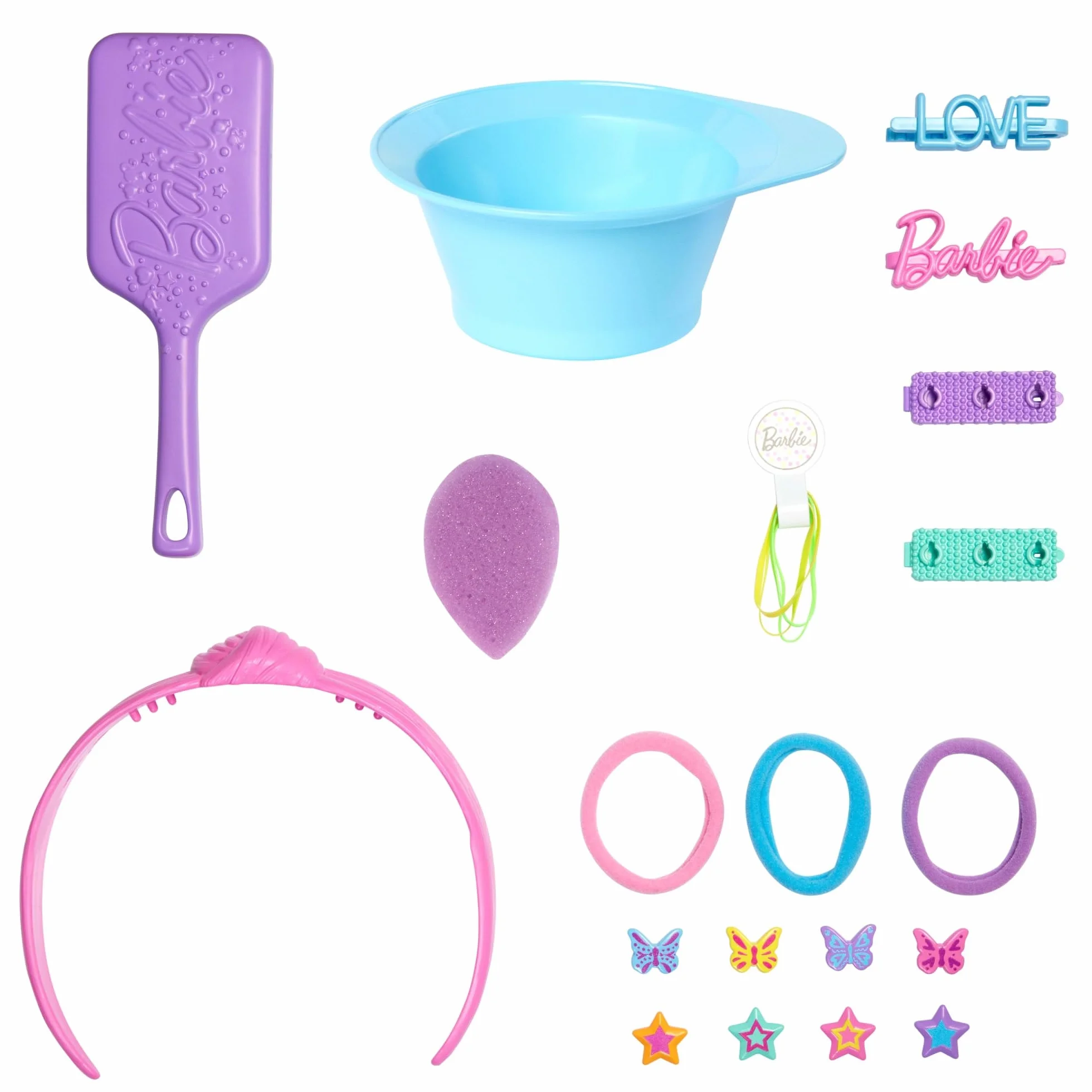 Barbie Busto para peinar, pelo rubio con más de 20 accesorios para hacer peinados, incluye pinzas para el pelo con forma de estrella y mariposa que cambian de color, JFG81
