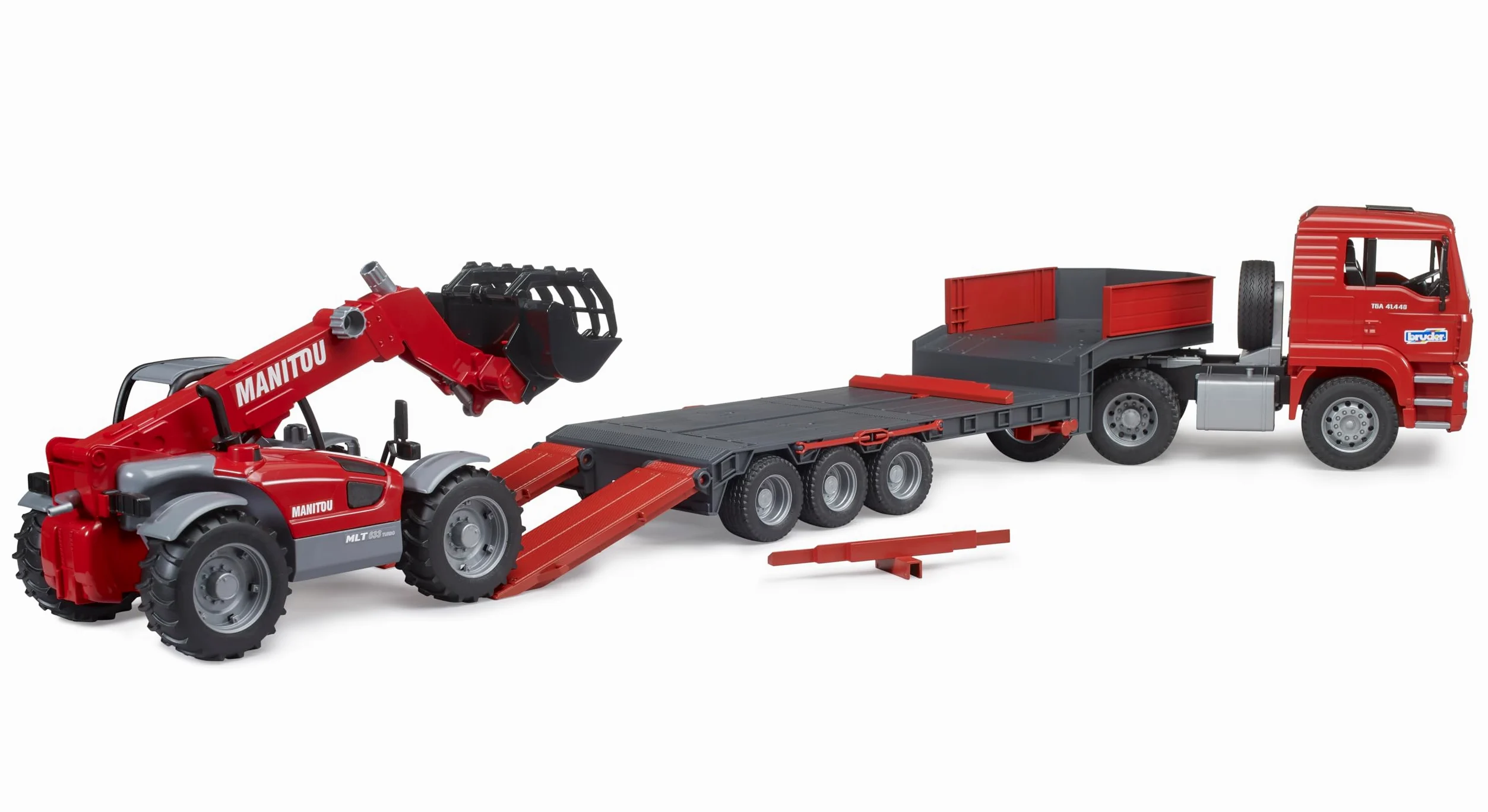 Bruder 02774 - Man TGA con Plataforma Baja y Cargador telescópico Manitou | Camión con pala cargadora, camión, set de vehículos, juguete a partir de 3 años, escala 1:16
