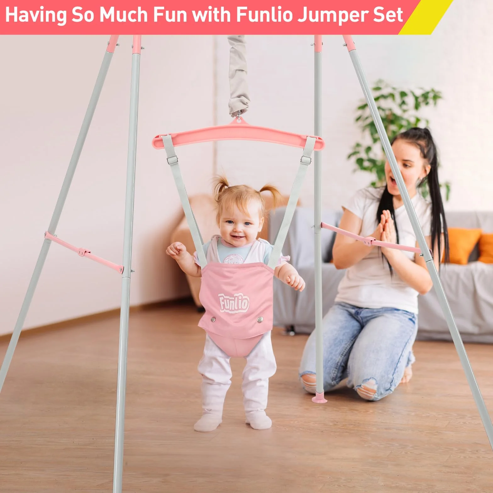 FUNLIO Saltador de Puerta con Soporte para bebé （6-24 Meses Juego de Ejercicio de Columpio para Jugar en Interiores/Exteriores para bebé niña/niño, con Cadena Ajustable, fácil de Montar - Rosa