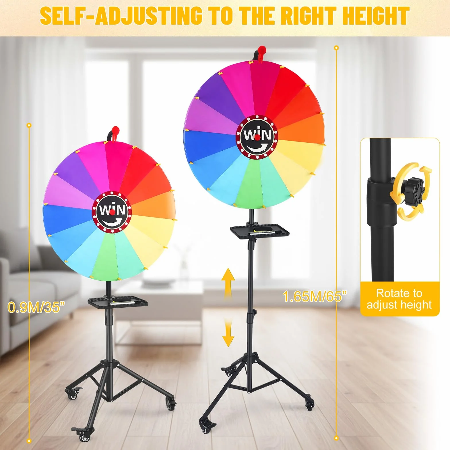 Rueda de la fortuna 60 cm con soporte 165 cm, 14 ranuras coloridas, ruleta de premios para carnaval