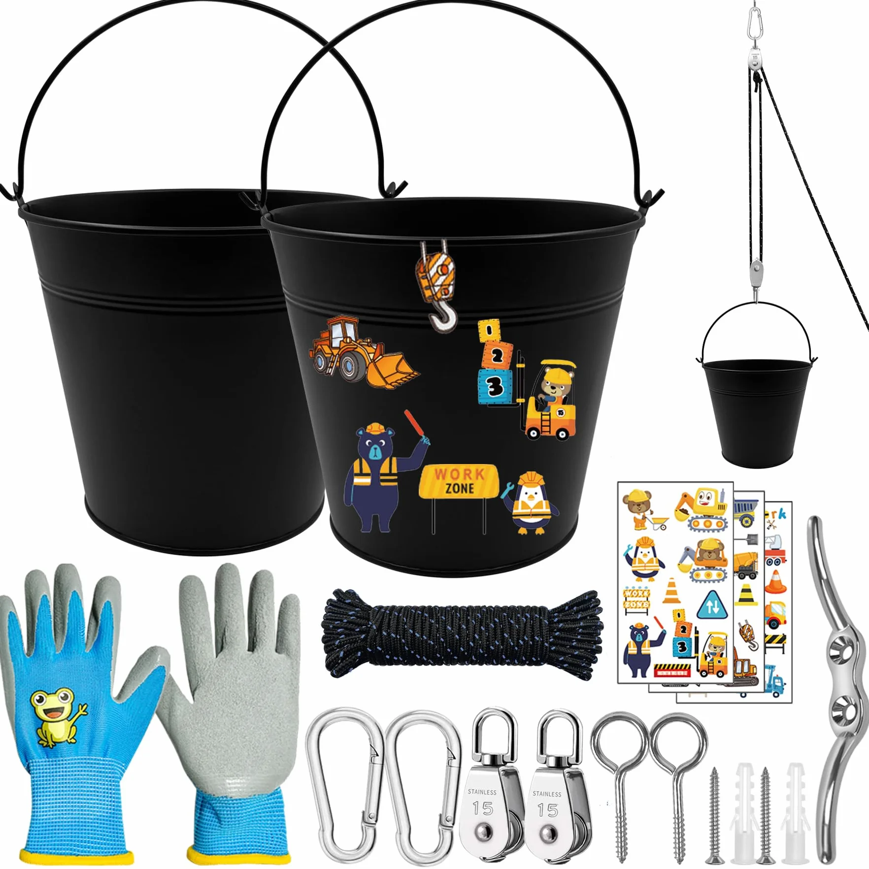 TZEKING Polea para Niños,Polea con 2 Cubo de Metal,Accesorios de casa de árbol para niños,polea con Cable de Cubo,Sistema de Polea para Niños,polea para niños,para Niños y Niñas a Partir de 3 Años