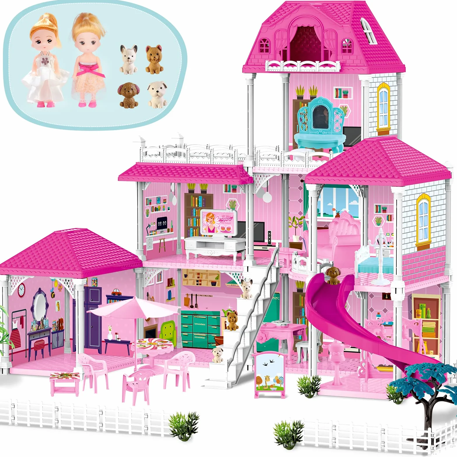 deAO Casa de Muñecas, 3-stöckige Grande Dream Doll House (83 * 52 * 63cm) con Accesorios 2 Muñecas, 4 Figuras Perros Miniatura, Muebles, Toboganes, Casita de muñecas para niñas(Dollhouse Plastico)