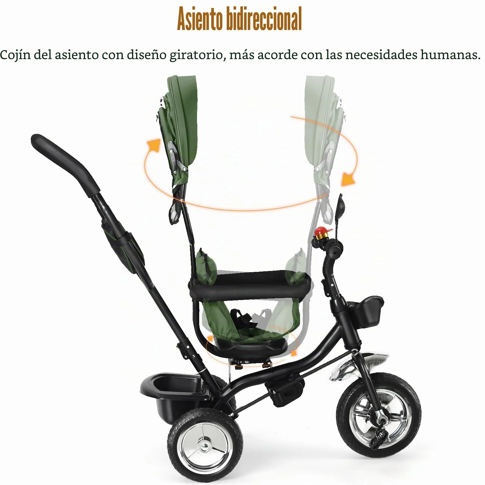 OHMG Triciclo bebé evolutivo 5 en 1 bicicleta. Silla de paseo con mango de empuje, toldo desmontable, cinturón de seguridad de 5 puntos, almacenamiento, reposapiés, freno, para niños de 1 a 5 años