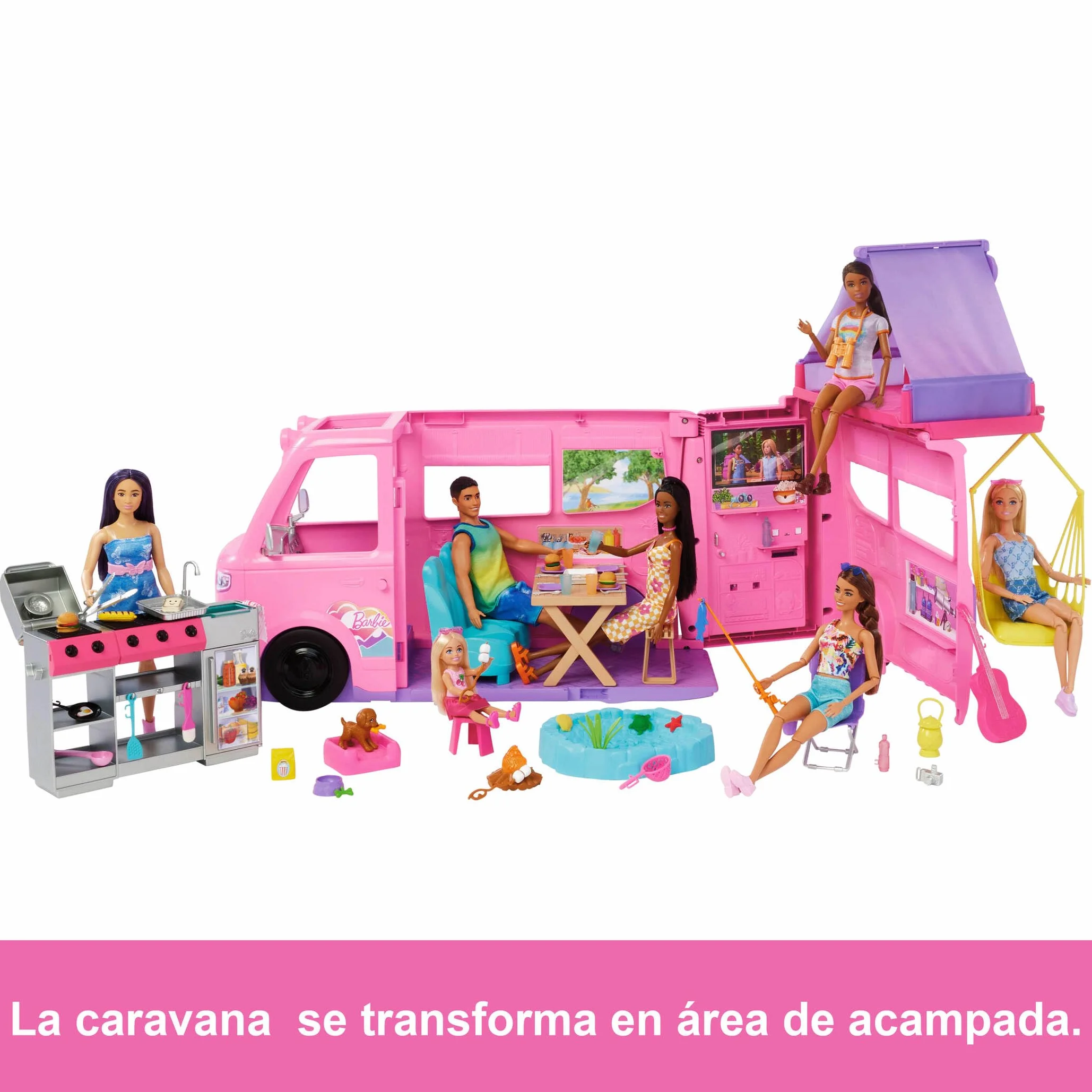 Barbie Súper Caravana DreamCamper Conjunto de juego con tienda de campaña en el techo, columpio, estanque de pesca, barbacoa con función de cambio de color y más de 60 accesorios, incluida masa, HRJ78