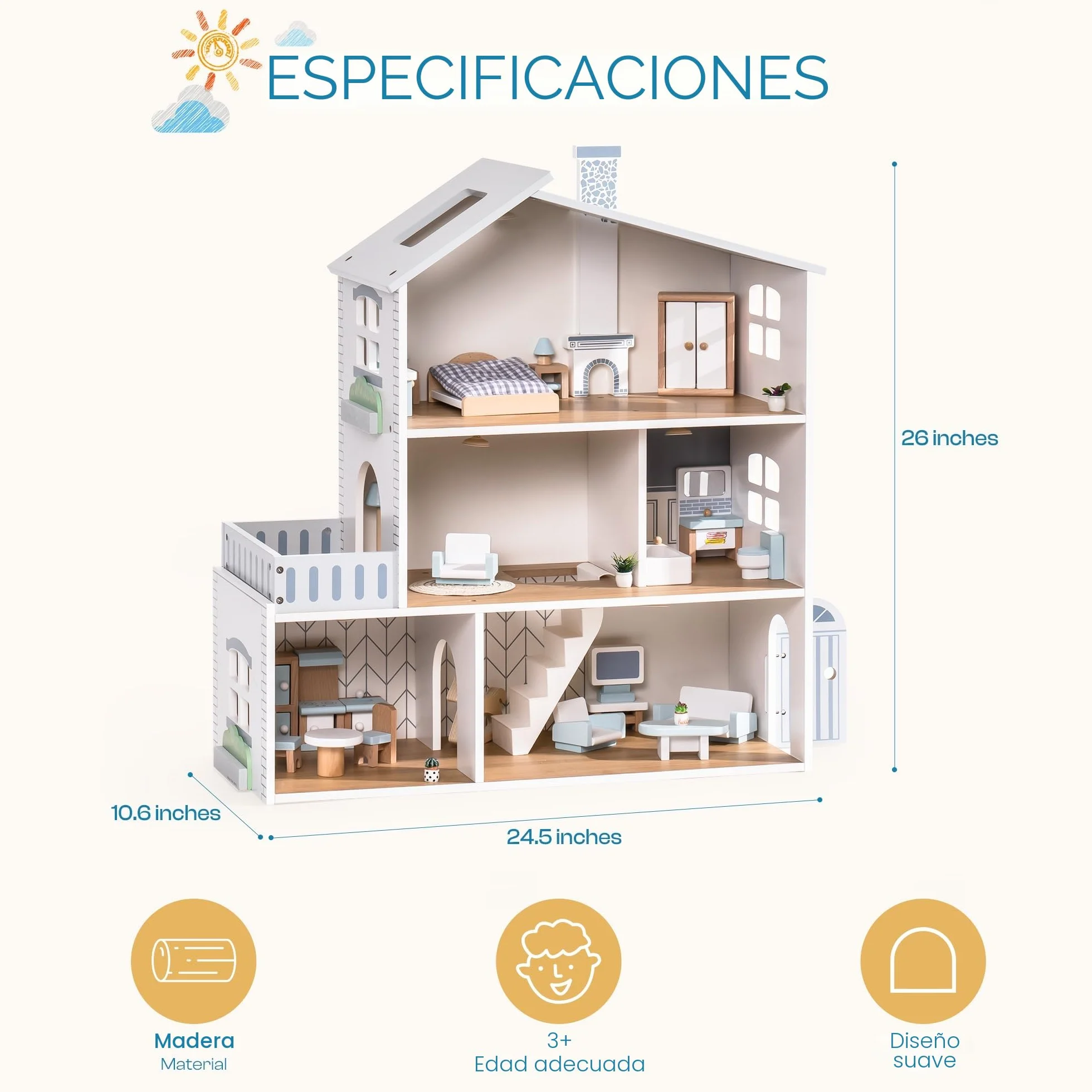 ROBUD Casa de muñecas de Madera, 3 Pisos, Incluye Muebles y escaleras, Juguete para niños a Partir de 3 años
