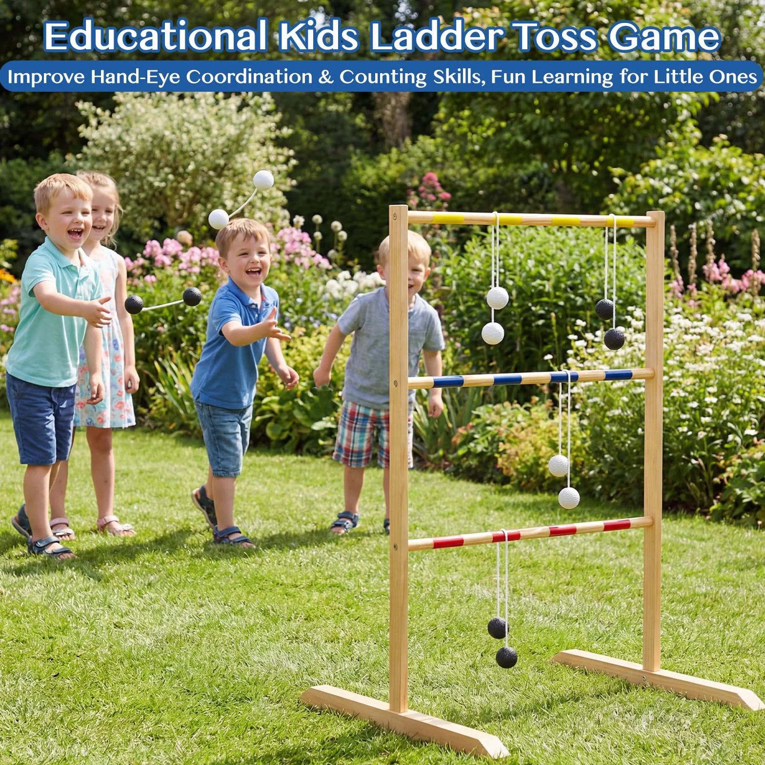 WOODENFUN Juego de escalera de golf de madera para exteriores con 9 bolas y bolsa, juego de interior y lanzamiento para adultos y niños a partir de 3 años, 90 x 62 x 58 cm