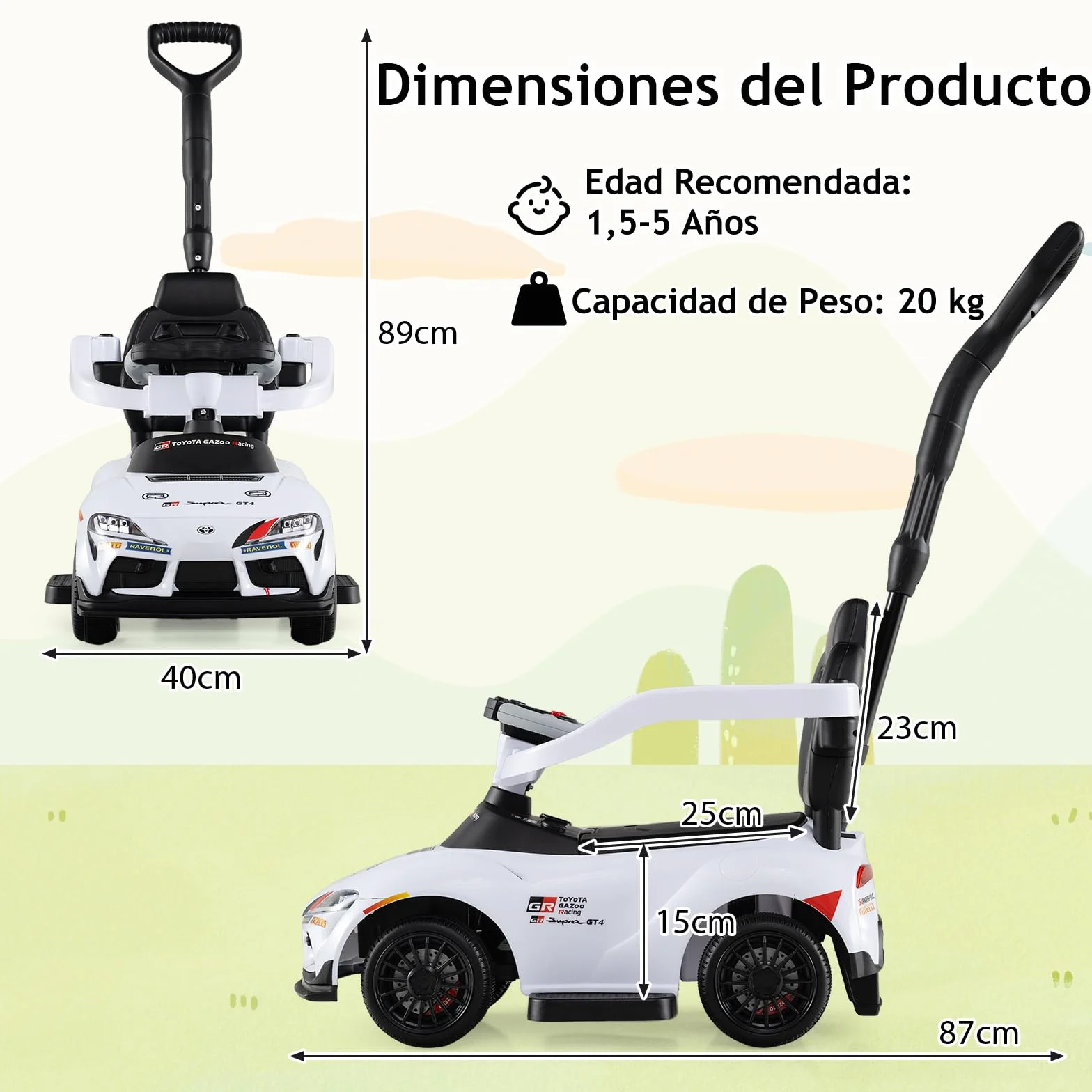 GOPLUS Correpasillo 3 en 1, Coche Correpasillos para Niños con Barra de Empuje, Barandilla de Seguridad Desmontables, Volante con Sonido y Música, Almacenaje bajo Asiento, para 1,5-5 Años (Blanco)