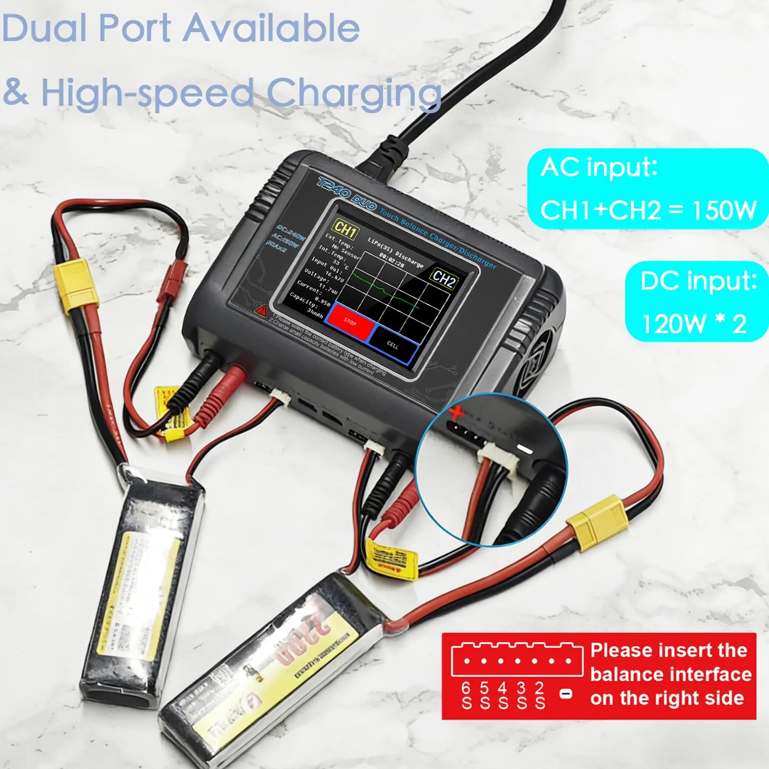 Cargador de batería T240 para LiPo/LiHV/LiFe/NiMH/NiCd, pantalla táctil grande de 3.2 pulgadas y doble puerto disponible, entrada CA/CC y corriente ajustable de 0.1-10 A