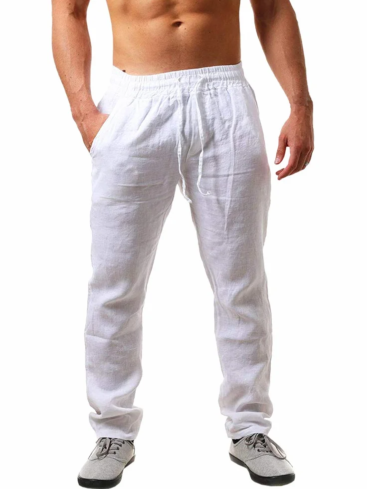 Pantalones de Lino para Hombre Lisos Largos Ligeros Holgados con Cordón