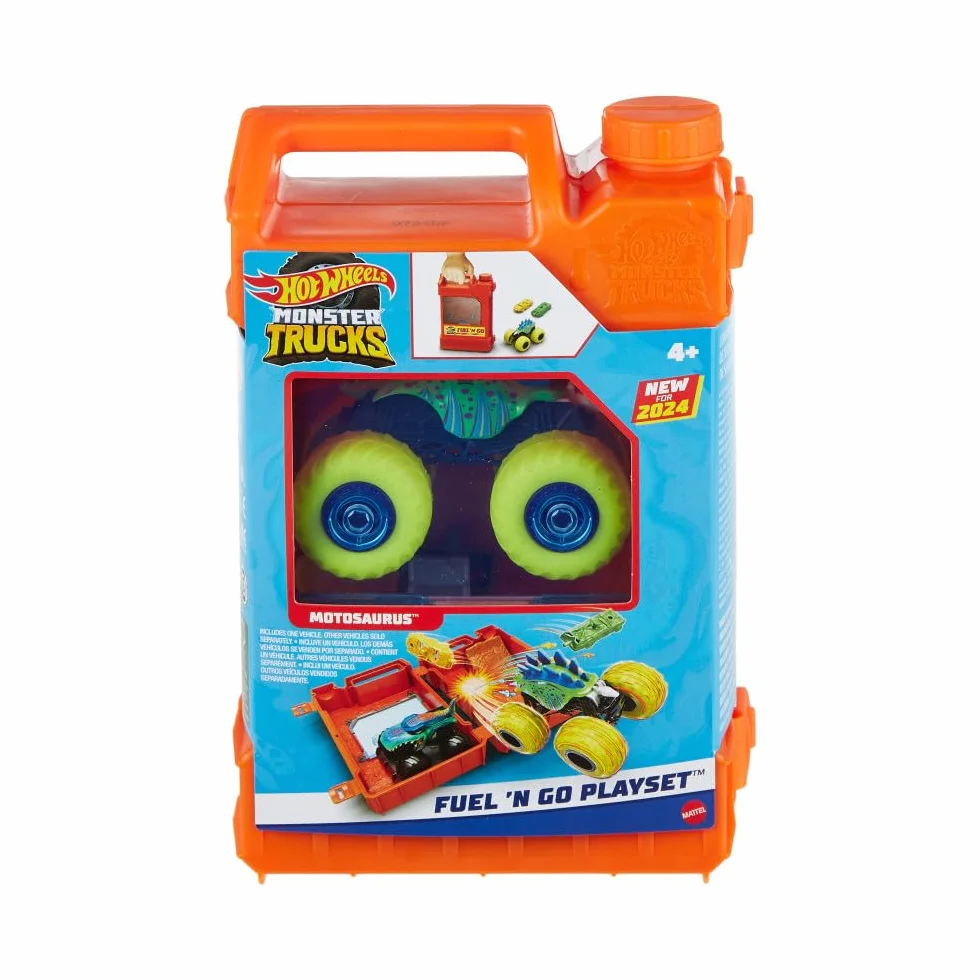 Hot Wheels Monster Trucks Reposta y arranca Pista para coches de juguete con forma de bidón de gasolina, incluye 2 vehículos, + 4 años (HXT04)