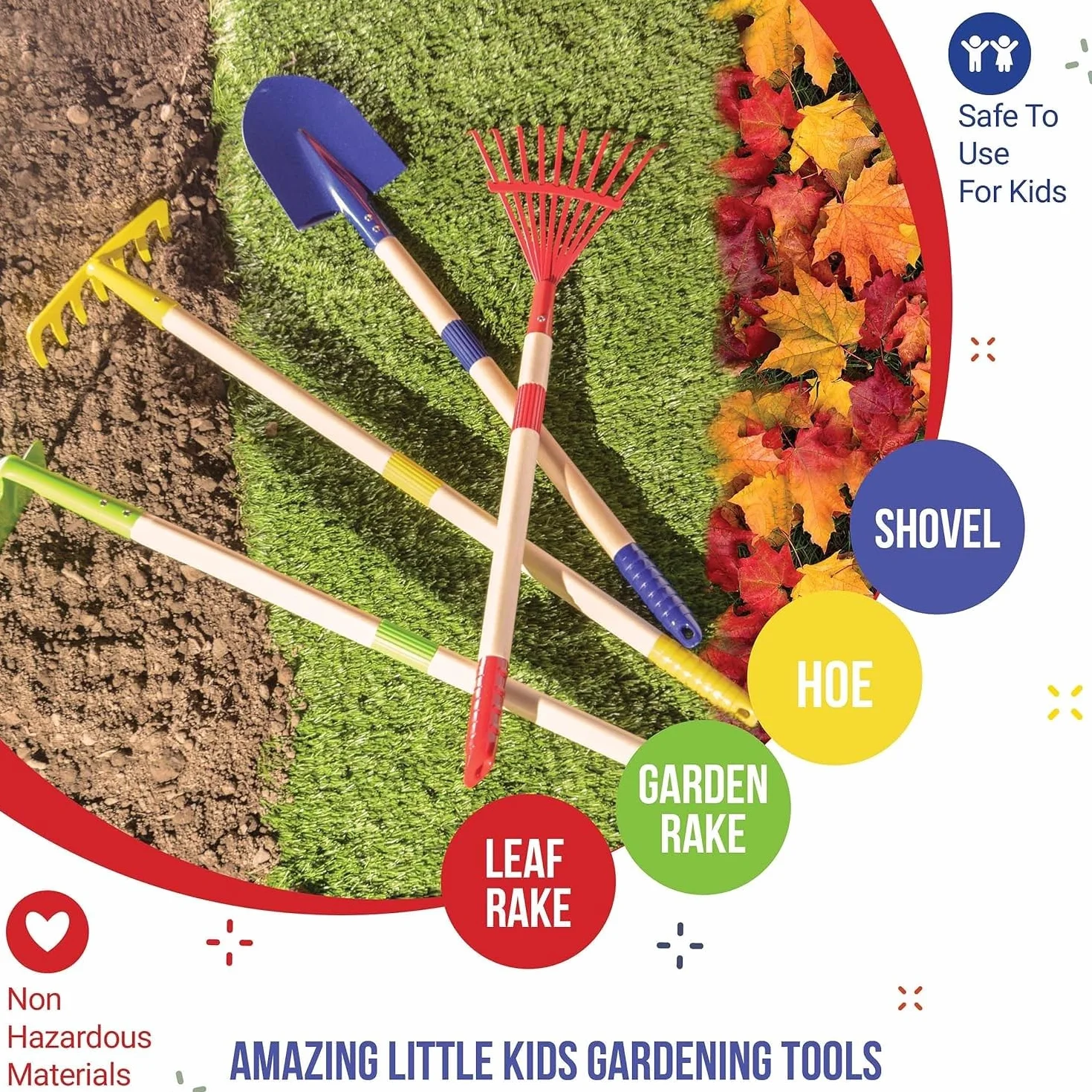 LATERN 6 Piezas Herramientas de Jardinería para Niños, 71CM Metal Grande Pala Rastrillo Azada Hojas Rastrillo con Mango de Madera, Regadera, Guantes - para Exterior Jardín Patio Césped Cavar Jugar