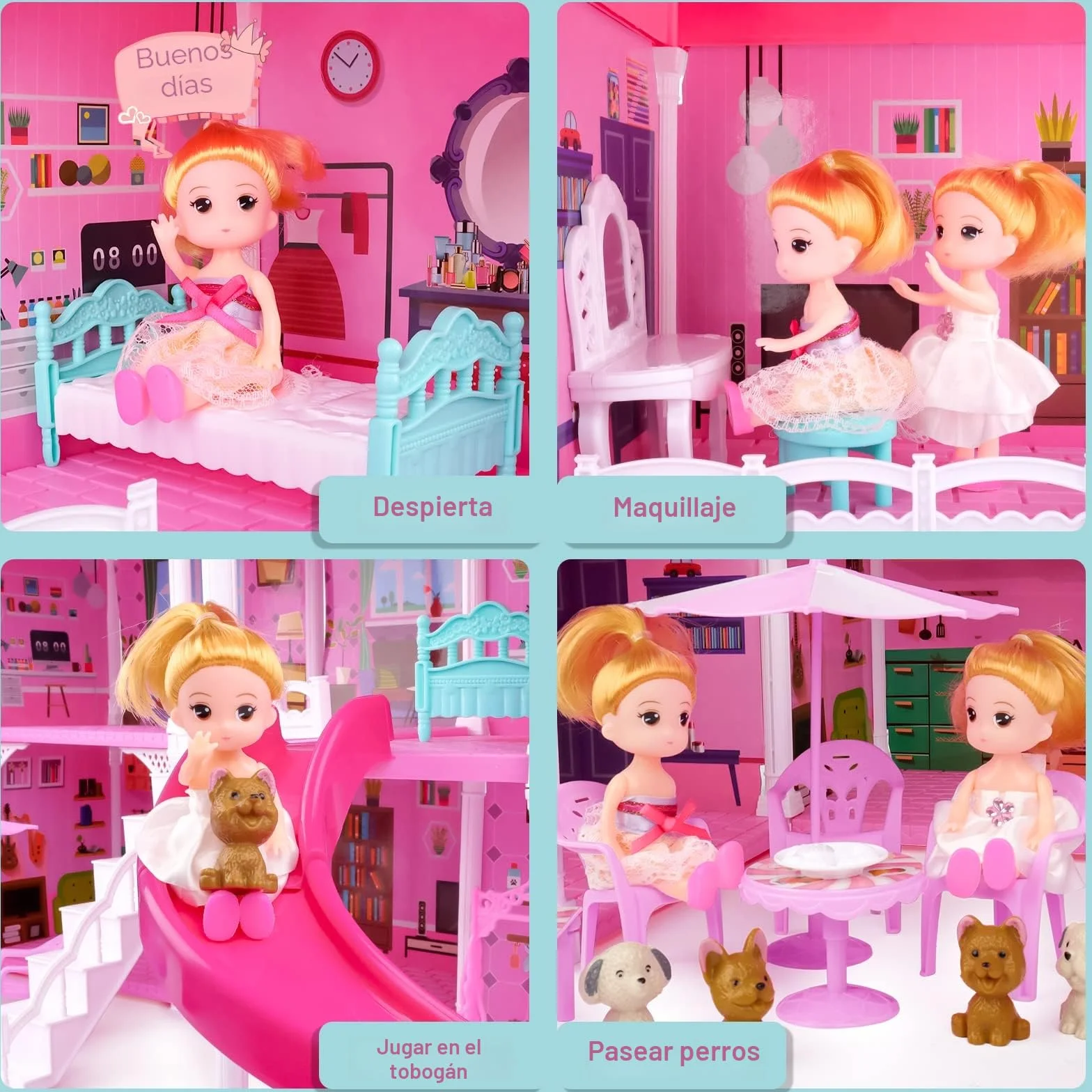 deAO Casa de Muñecas, 3-stöckige Grande Dream Doll House (83 * 52 * 63cm) con Accesorios 2 Muñecas, 4 Figuras Perros Miniatura, Muebles, Toboganes, Casita de muñecas para niñas(Dollhouse Plastico)