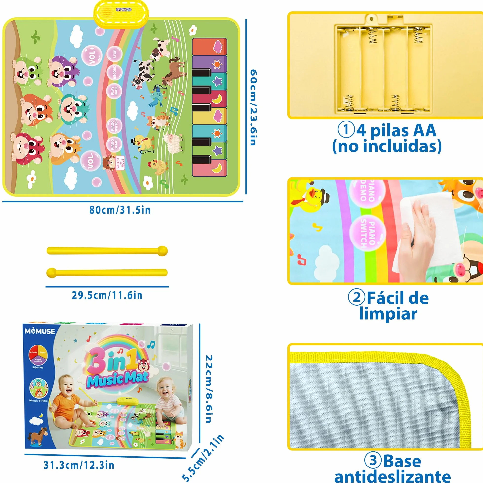 MOMUSE Alfombra Musical Golpea-al-Topo, Regalo Bebé 1 2 3 Años, 3 en 1 Piano Bebé Juguetes Sensoriales de Aprendizaje Educativo Temprano Montessori, Regalos de Cumpleaños para Niños Niñas 3 4 5 Años