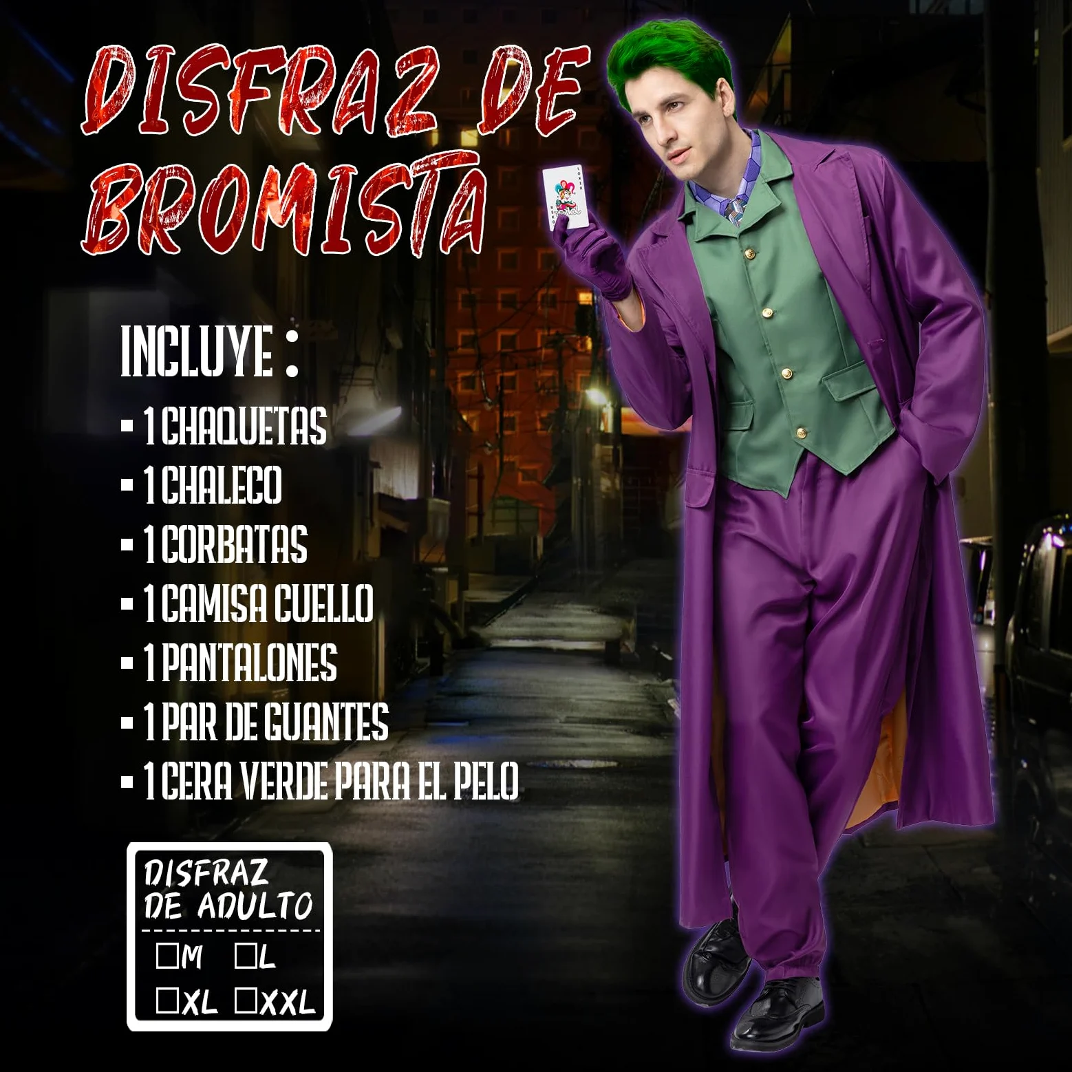 IEEILULU Disfraz Joker Hombre, Disfraz de Payaso Terror Hombre Halloween Disfraz Joker con Abrigo Morado, Chaleco Verde, Pantalones, Corbata, Cuello de Camisa Falso y Guantes para Halloween