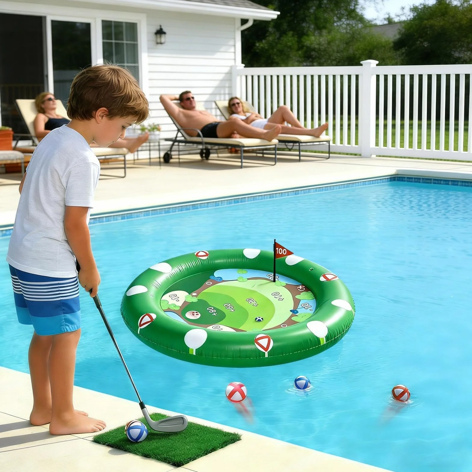 Juego de golf flotador para piscina – PVC hinchable 120 x 120 cm | Juego de Chipping acuático con bolas pegajosas | Juego de exterior para de cumpleaños y jardín