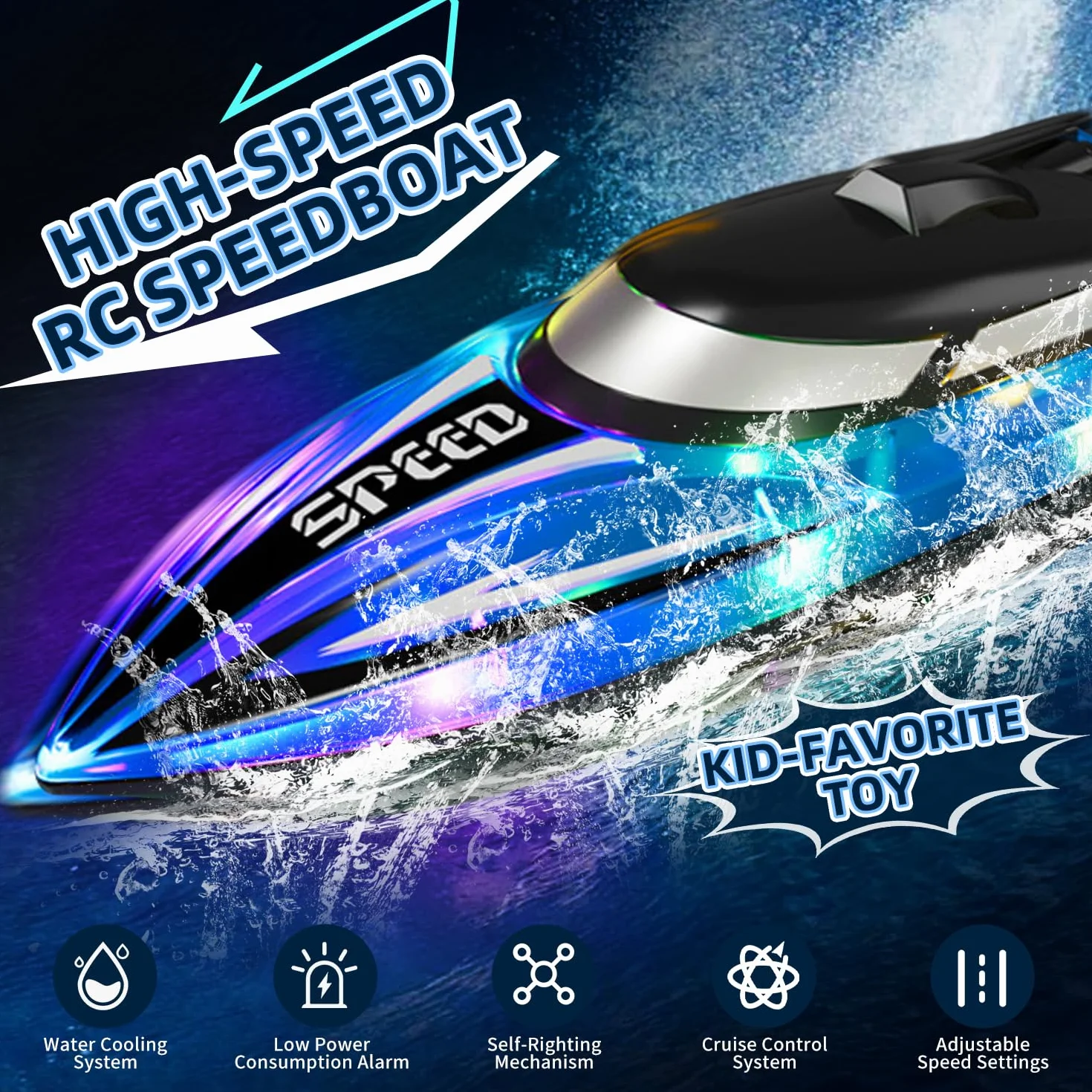 Barco teledirigido Rose con iluminación LED – Control 2,4G motorizado, impermeable y antivuelco – Lancha para niños, incluye 2 baterías