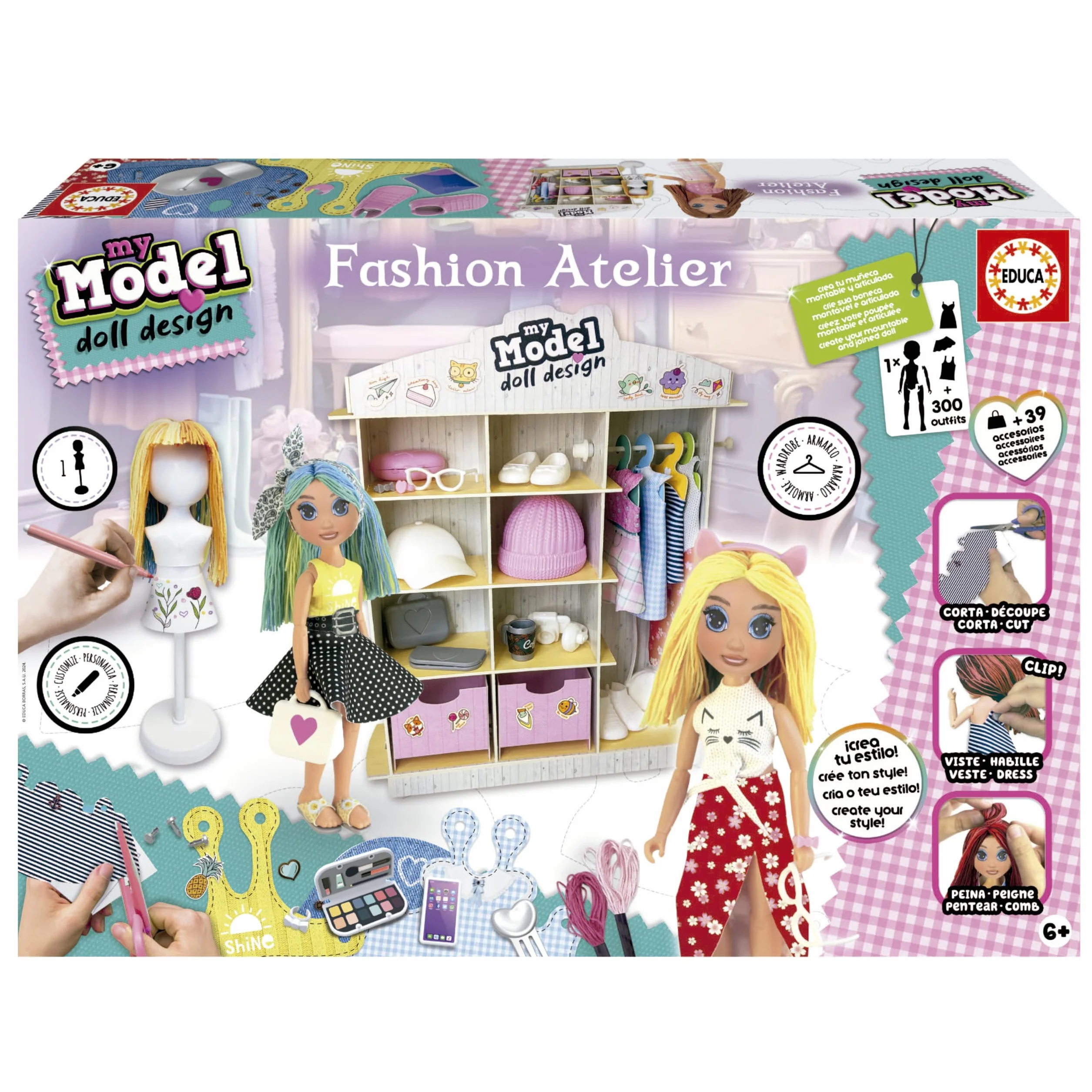 Educa - My Model Doll Design Fashion Atelier | CREA más de 300 increíbles Looks Distintos. Muñeca articulada, péinala, Corta la Tela y vístela. Incluye maniquí y Armario (19350)