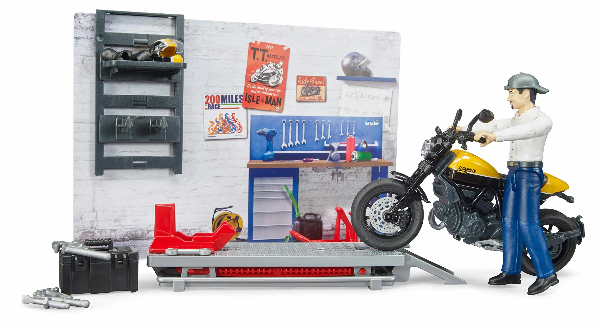 bruder 62102 - bworld taller de motos Scrambler Ducati Full Throttle con mecánico,taller, figura de juguete
