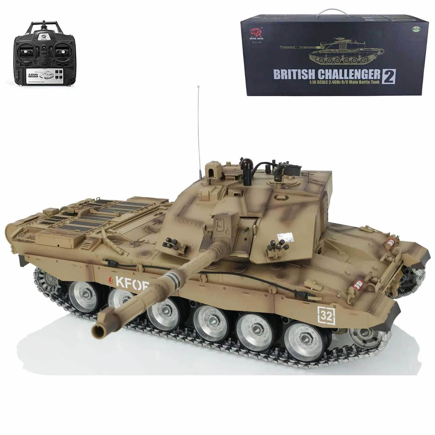 Heng Long 1/16 7.0 Personalizar Challenger II Tanque RC 3908 Torreta Giratoria 360° Orugas de Metal Combate por Infrarrojos Cañón Elevable Luz y Sonido, TH17741-AMZUS2-1