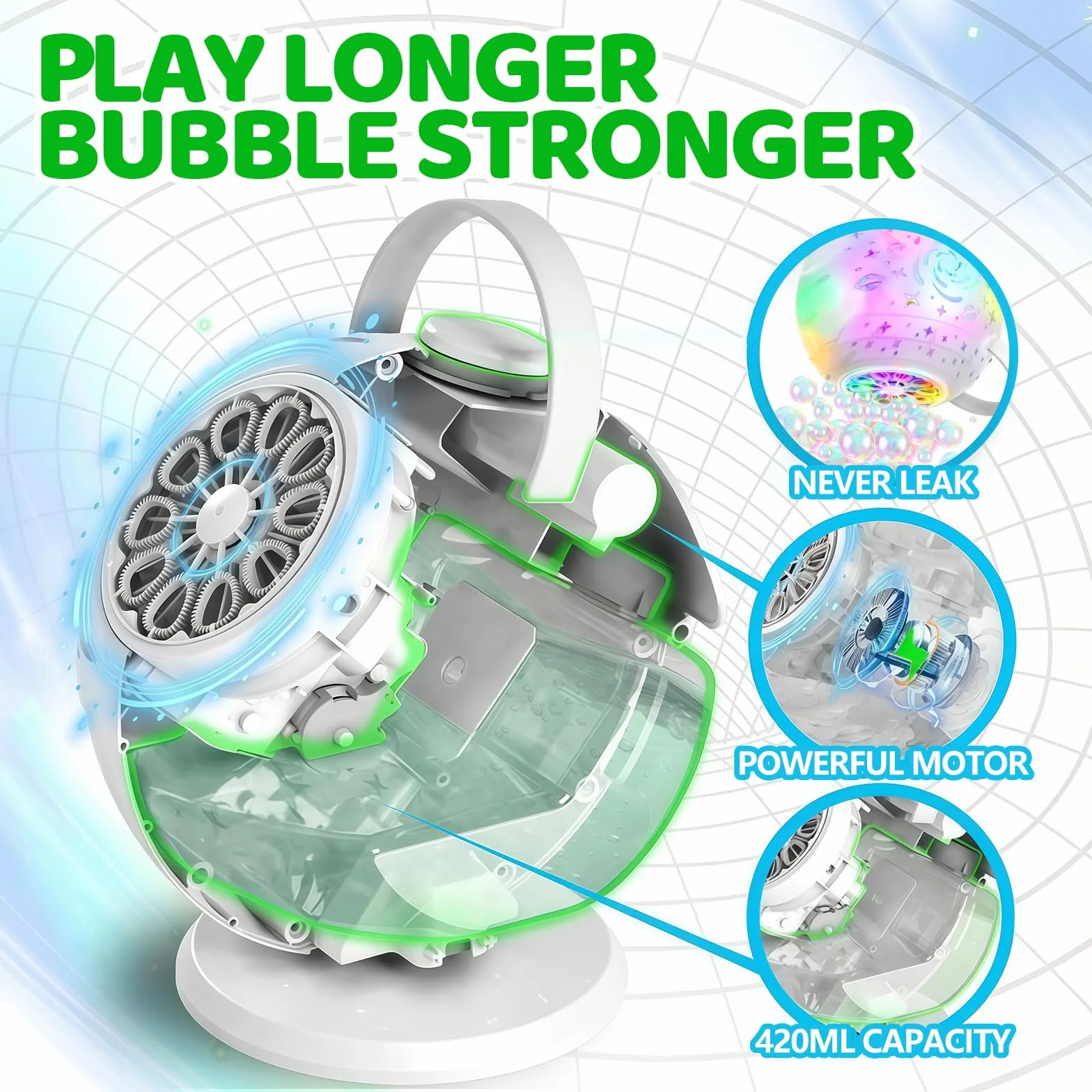 Tecnock Máquina de Burbujas Recargable con Mando a Distancia, Rotación 90°/360°, 20000+ Burbujas/Min, Luces LED de 7 Colores, Batería 1200 mAh, 45 Min de Autonomía, USB-C, para Niños, Fiestas y Bodas