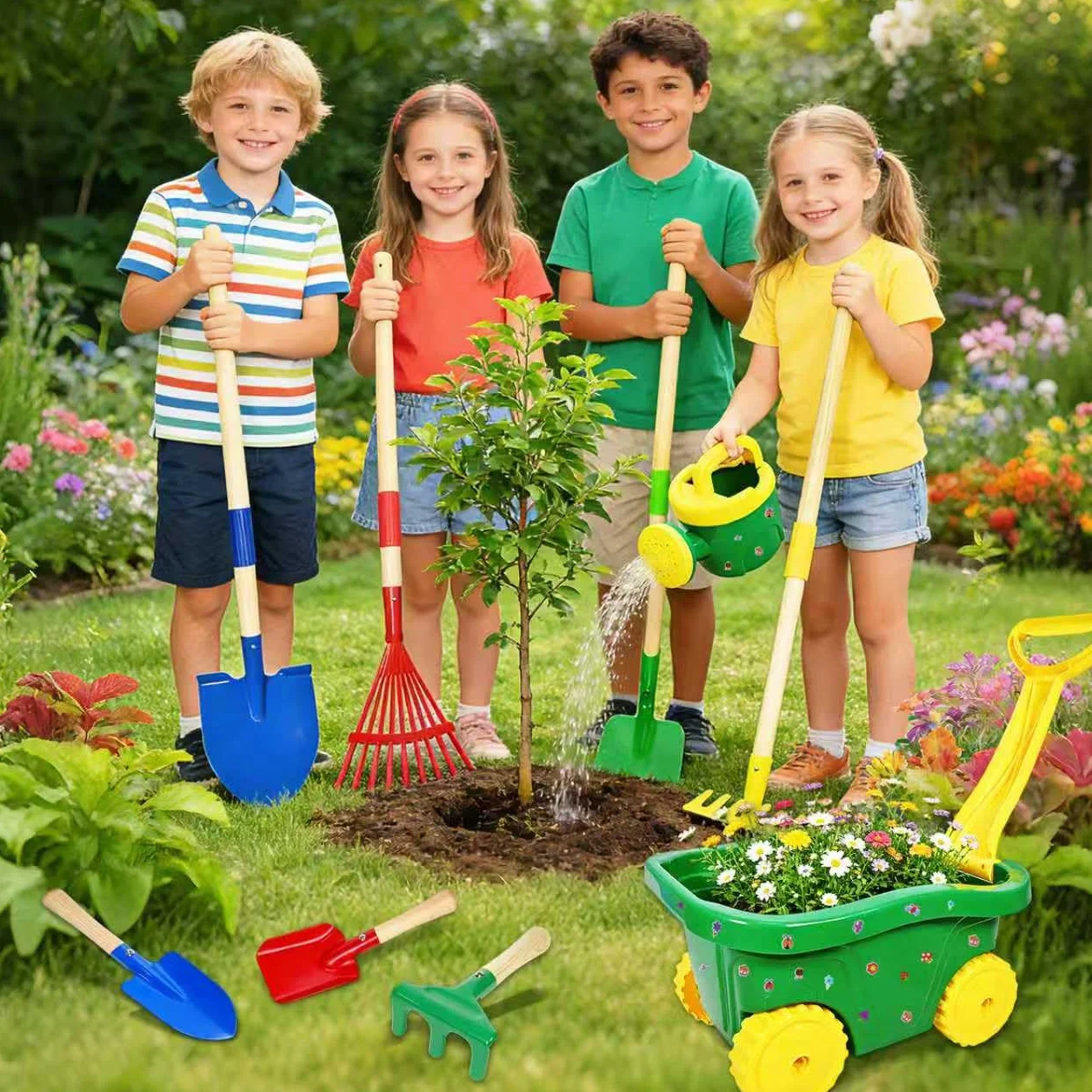 Carretilla para Niños, 13pcs Carretilla Niño Set Jardinería, Juego Herramientas de Jardín para Infantil con Pala, Escoba, Rastrillo y Rastrillo de Hojas, Pulverizador Juguetes de Arena Exterior (B)