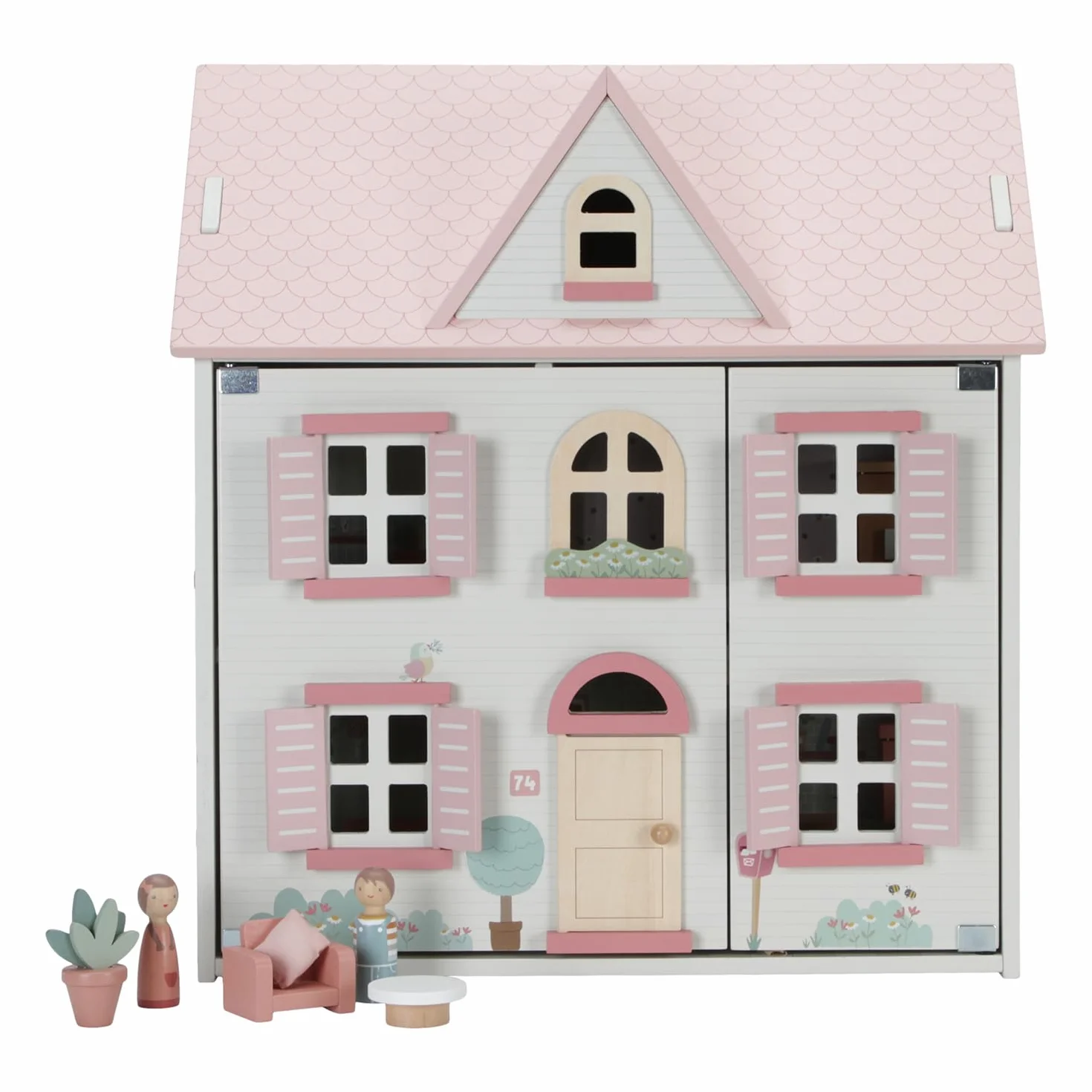 Little Dutch Casa de muñecas grande de madera desplegable con muchos accesorios, figuras de juego y muebles, color blanco y rosa