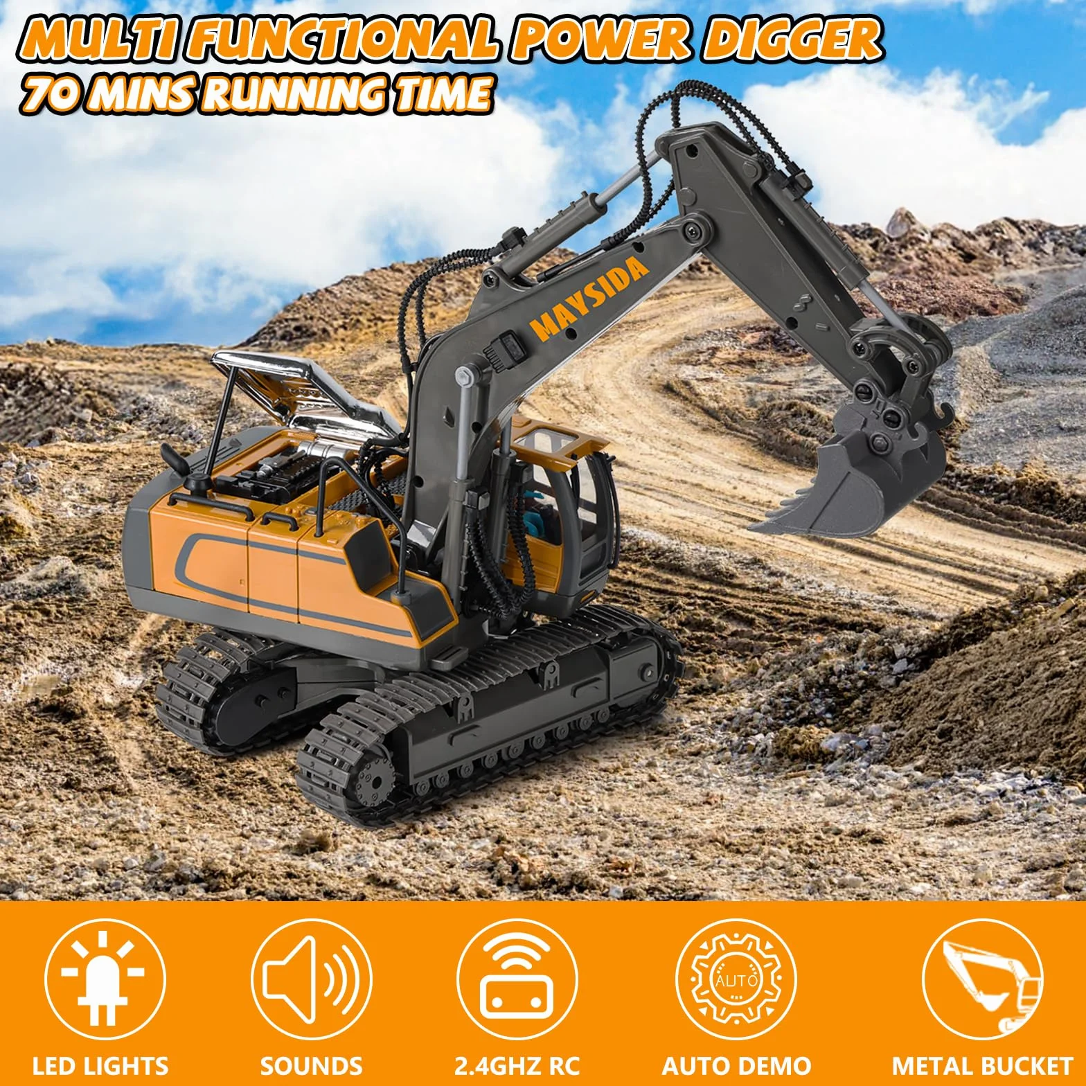 Excavadora Teledirigido Niños 6-12 Años, Excavadora Juguete Teledirigido 11 CH Recargable con Pala de Metal, Sonido y Luz, Juguetes Niños 3 4 5 6 7 Años Juguetes Regalo Niño 4 5 6 7 8 9 Años (2,4 GHz)