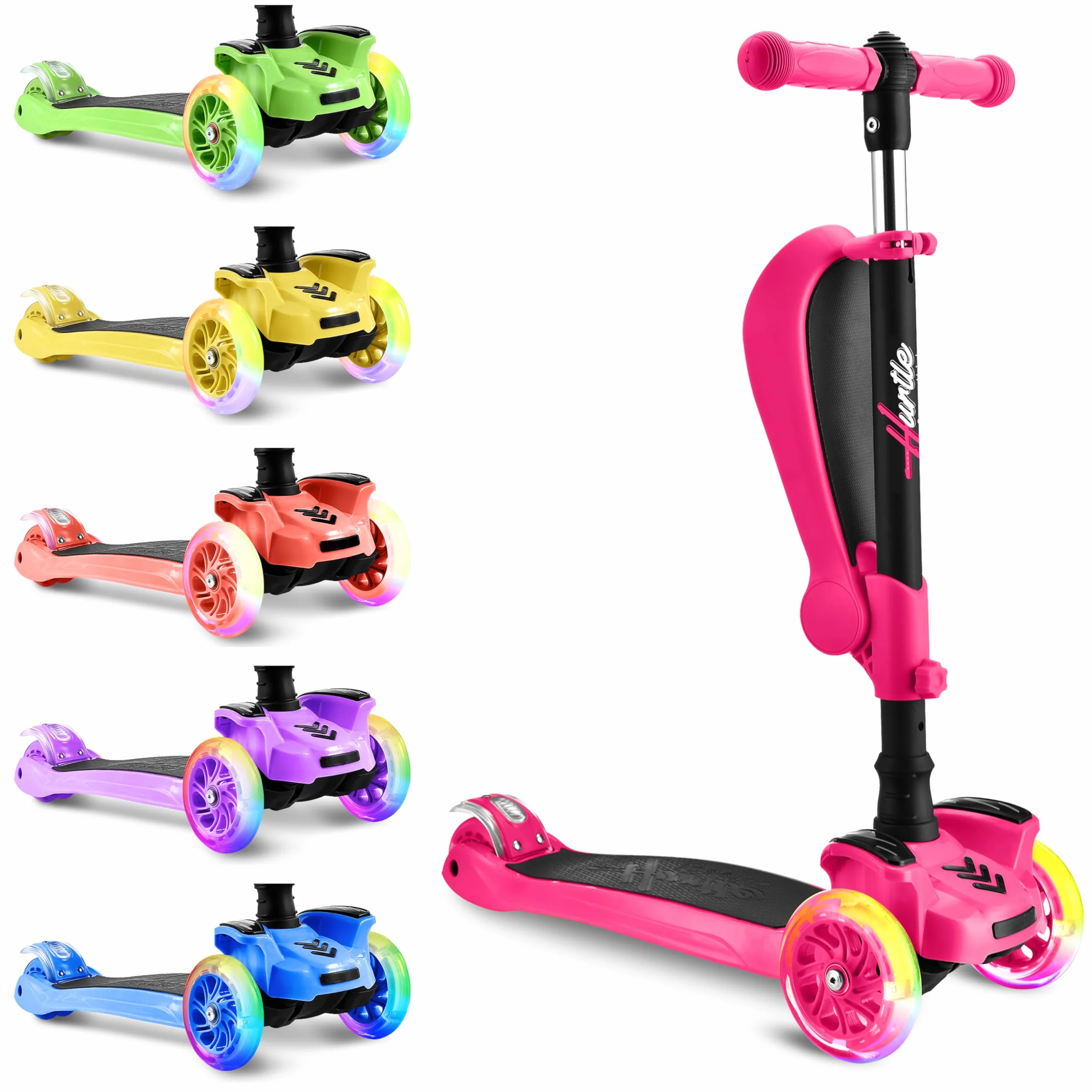 Hurtle Patinete, Scooter para niños, 2 años en adelante, Asiento abatible, Altura Ajustable, Monopatin 2 en 1, Luces Intermitentes