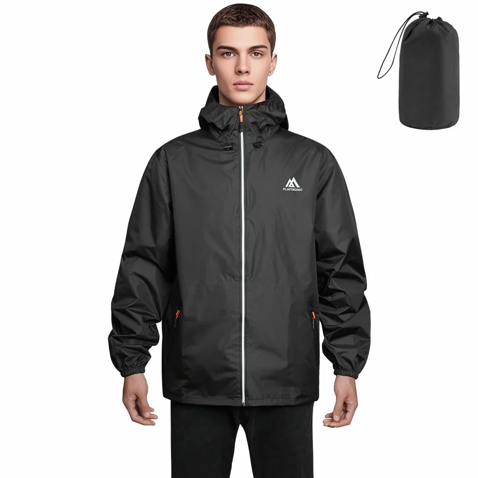 flintronic Chubasquero Hombre Impermeable Chaqueta Ligera Cortavientos Running Capucha Cremallera Bandas Reflectantes Transpirable Bolsillos