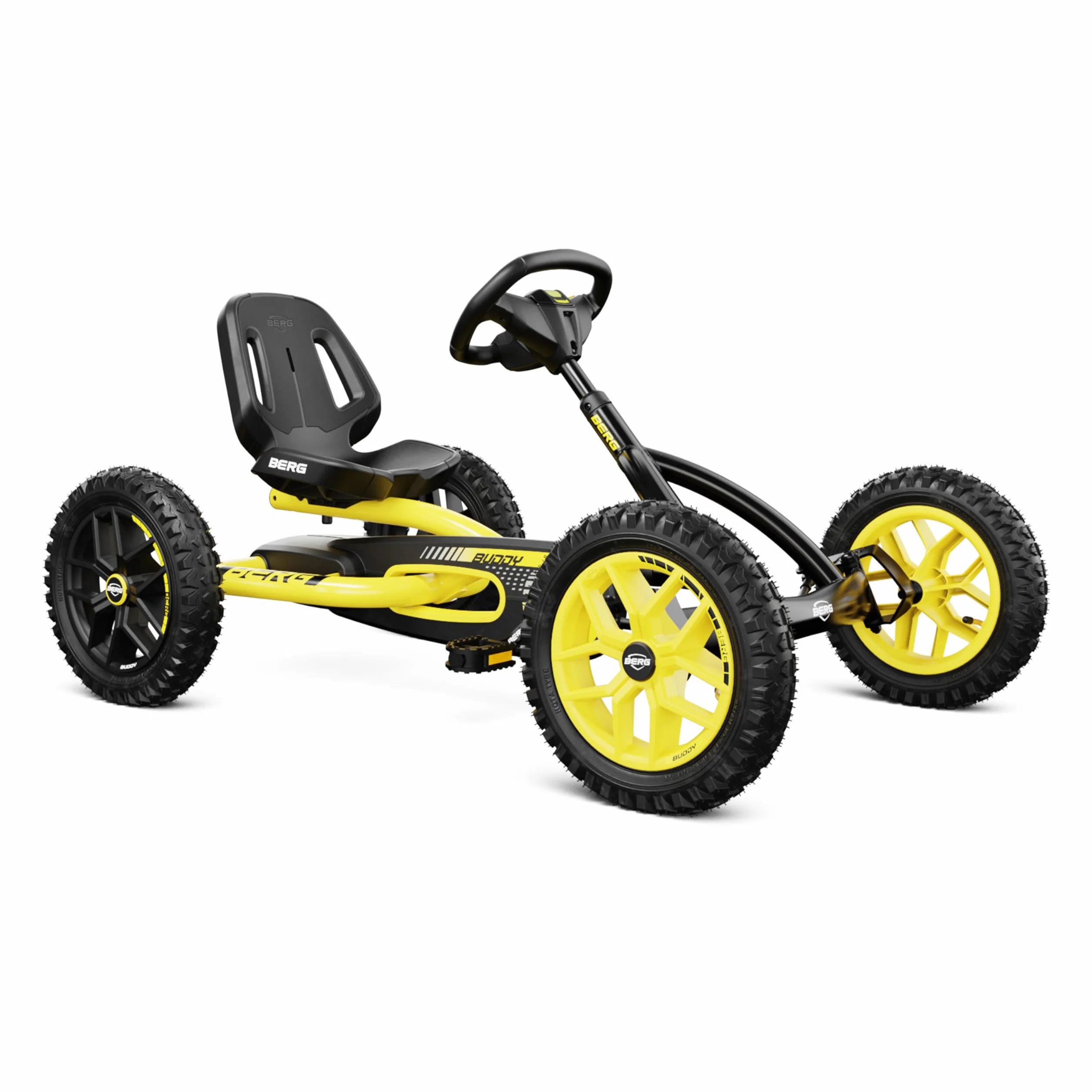 BERG Kart a Pedales Buddy Cross | Amarillo, 3-8 años, cuadro resistente, asiento regulable, volante regulable